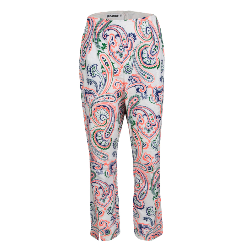 Jil Sander Neon Lunetta Paisley Print Tailored Cotton Trousers L