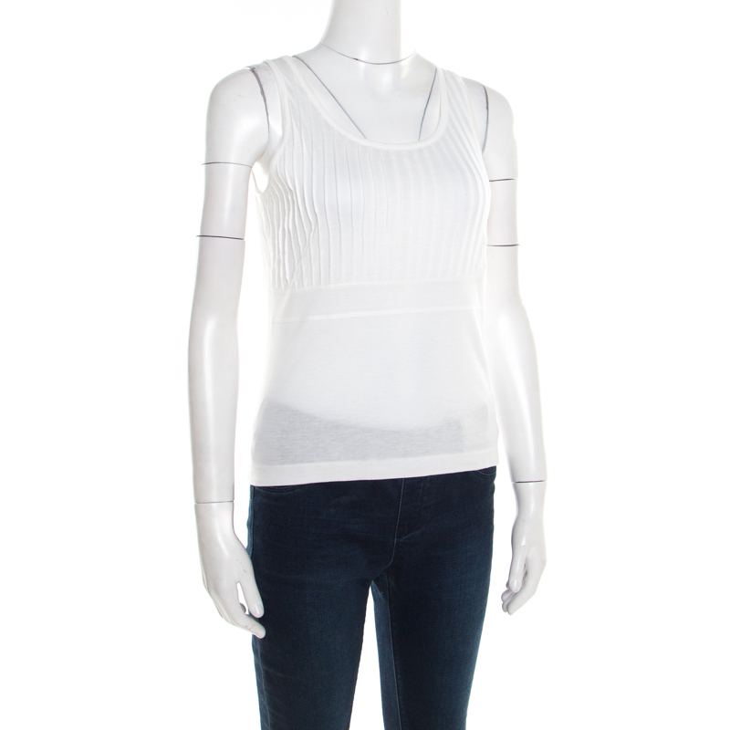 

Jil Sander Off White Cotton and Modal Pintuck Detail Tank Top