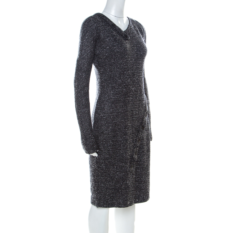 

Jil Sander Monochrome Wool Blend Textured Wrap-Button Detail Sheath Dress, Black