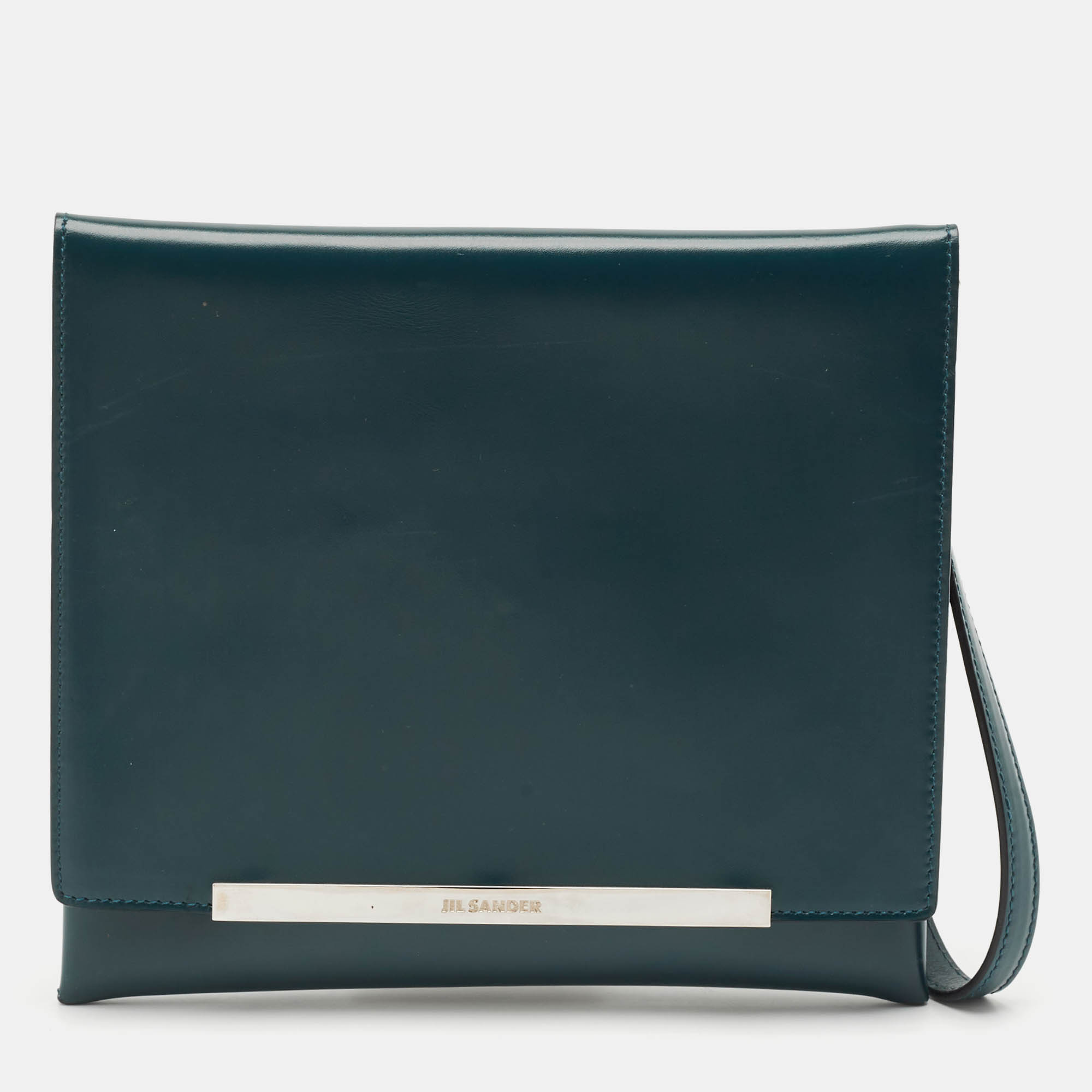 

Jil Sander Teal Green Leather Metal Flap Wristlet Clutch