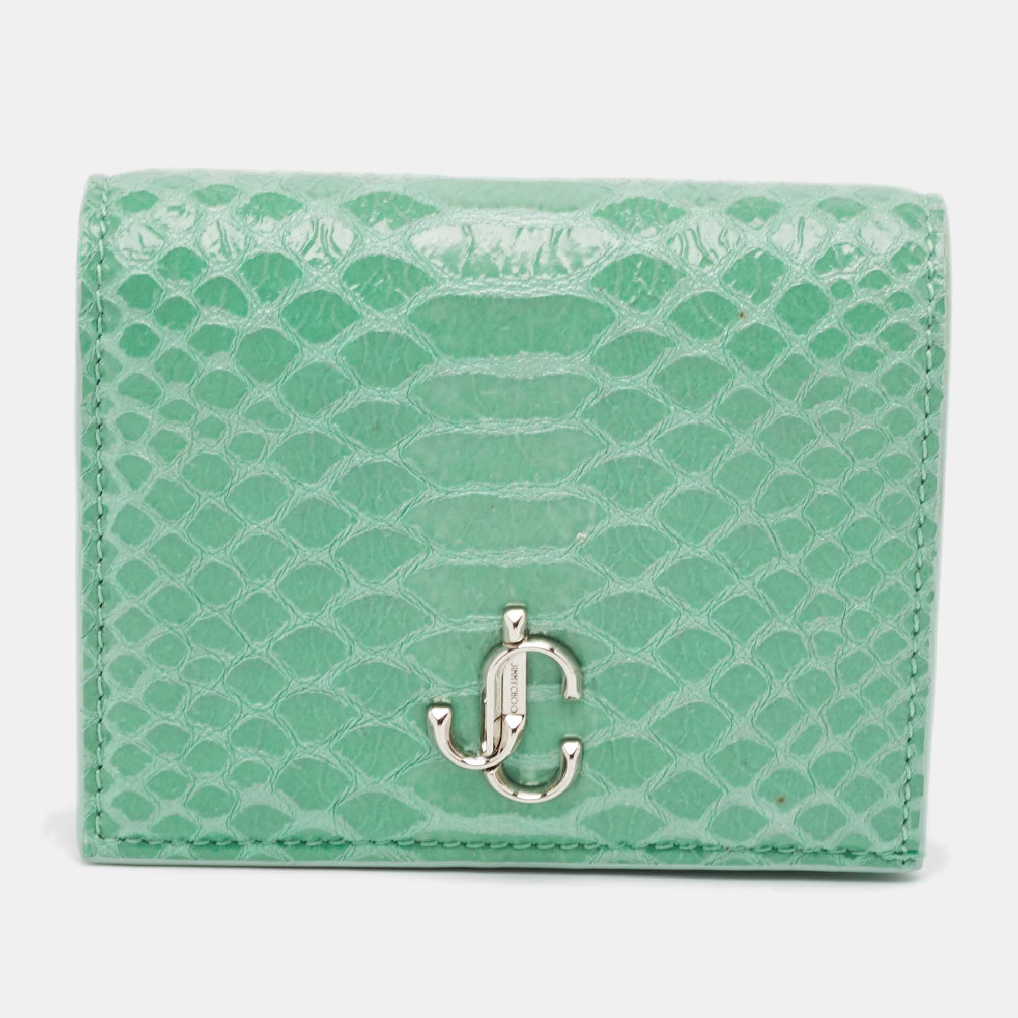 Pre-owned Jimmy Choo Green Snakeskin Embossed Leather Hanne Bifold Wallet