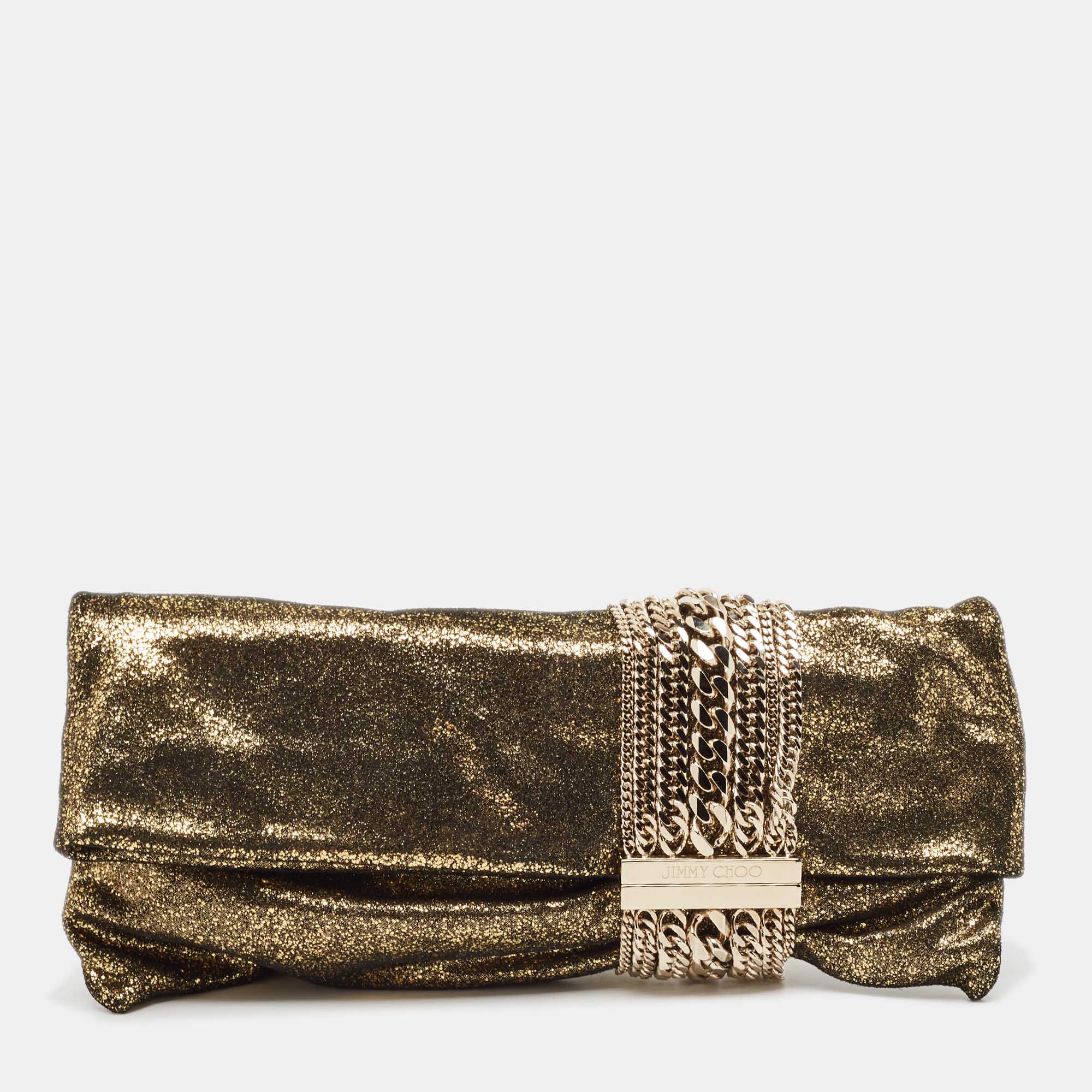 

Jimmy Choo Gold Glitter Suede Chandra Clutch