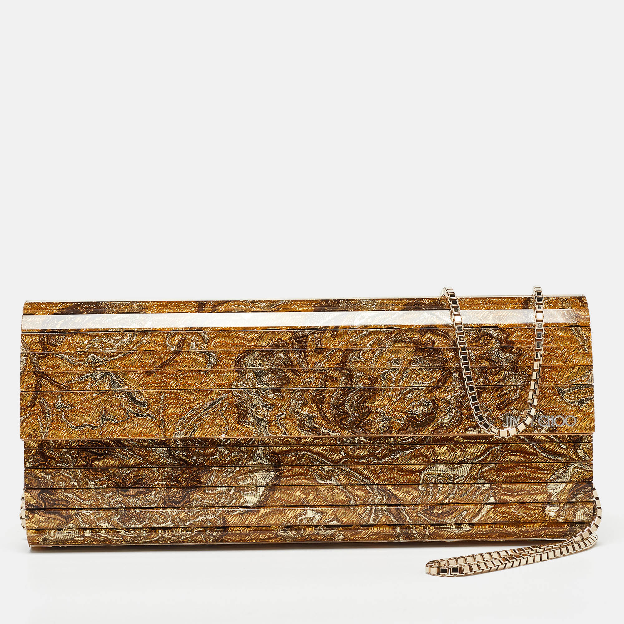 

Jimmy Choo Gold Acrylic Floral Sweetie Clutch