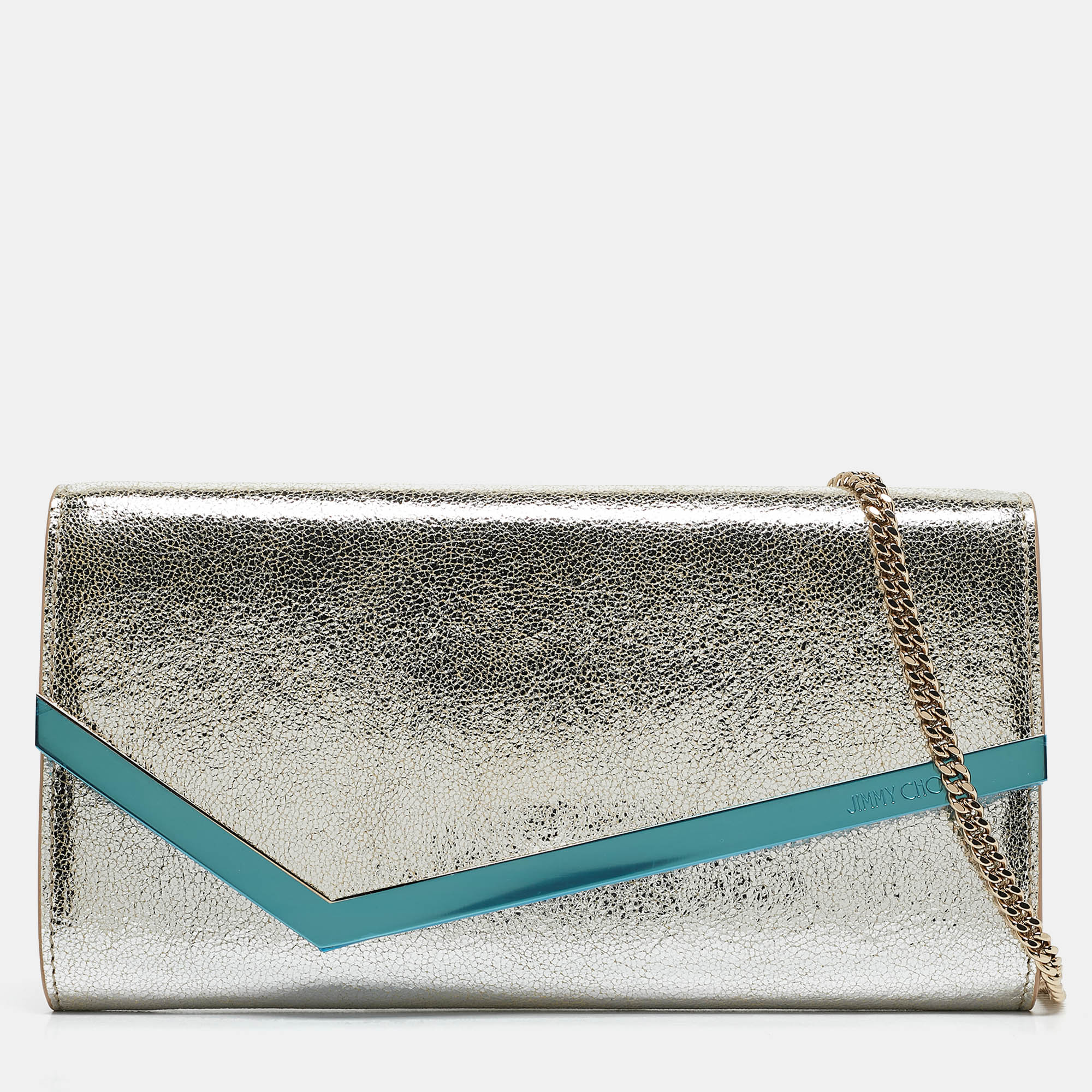 

Jimmy Choo Silver Crackled Leather Emmie Chain Clutch