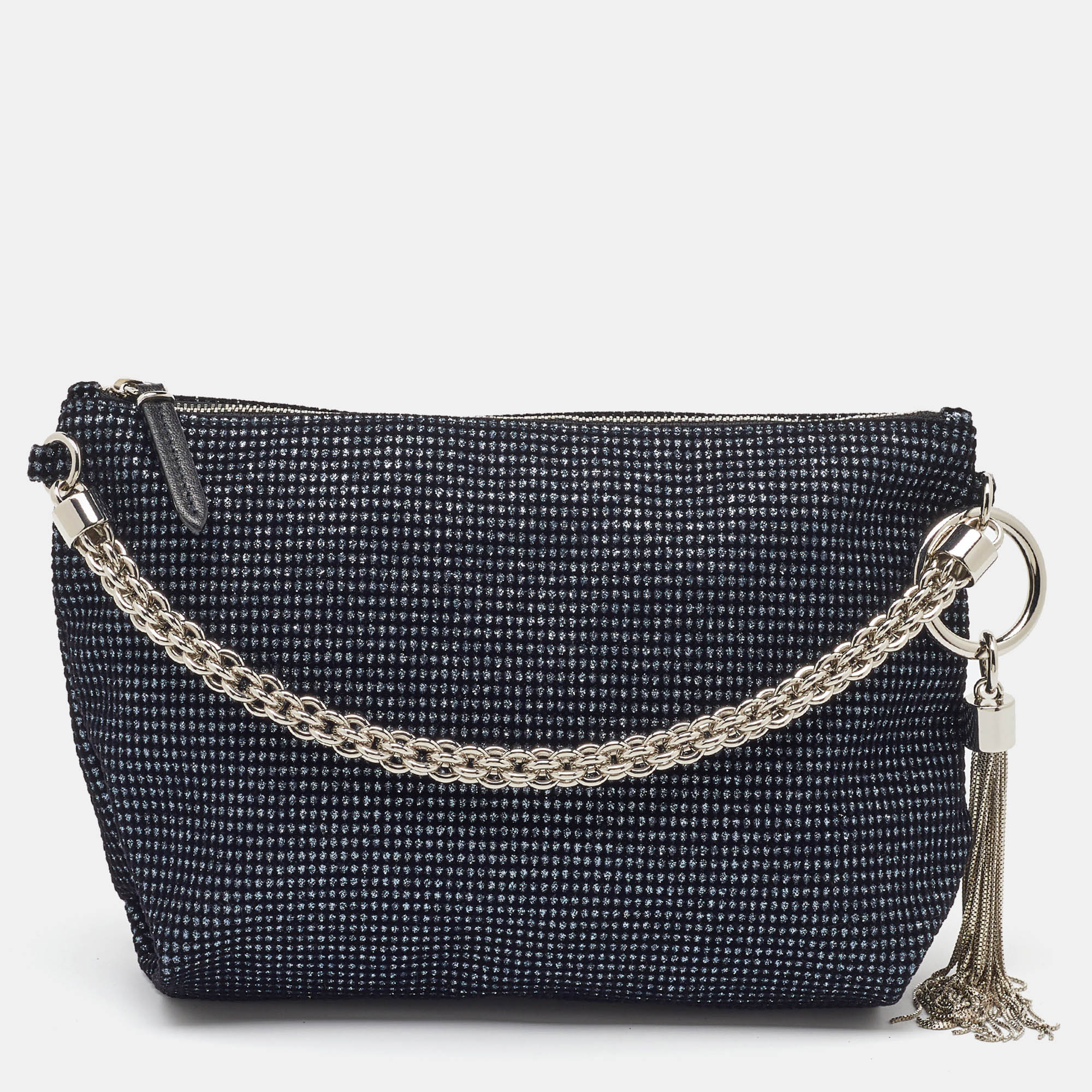 

Jimmy Choo Navy Blue Metallic Velvet Callie Chain Clutch