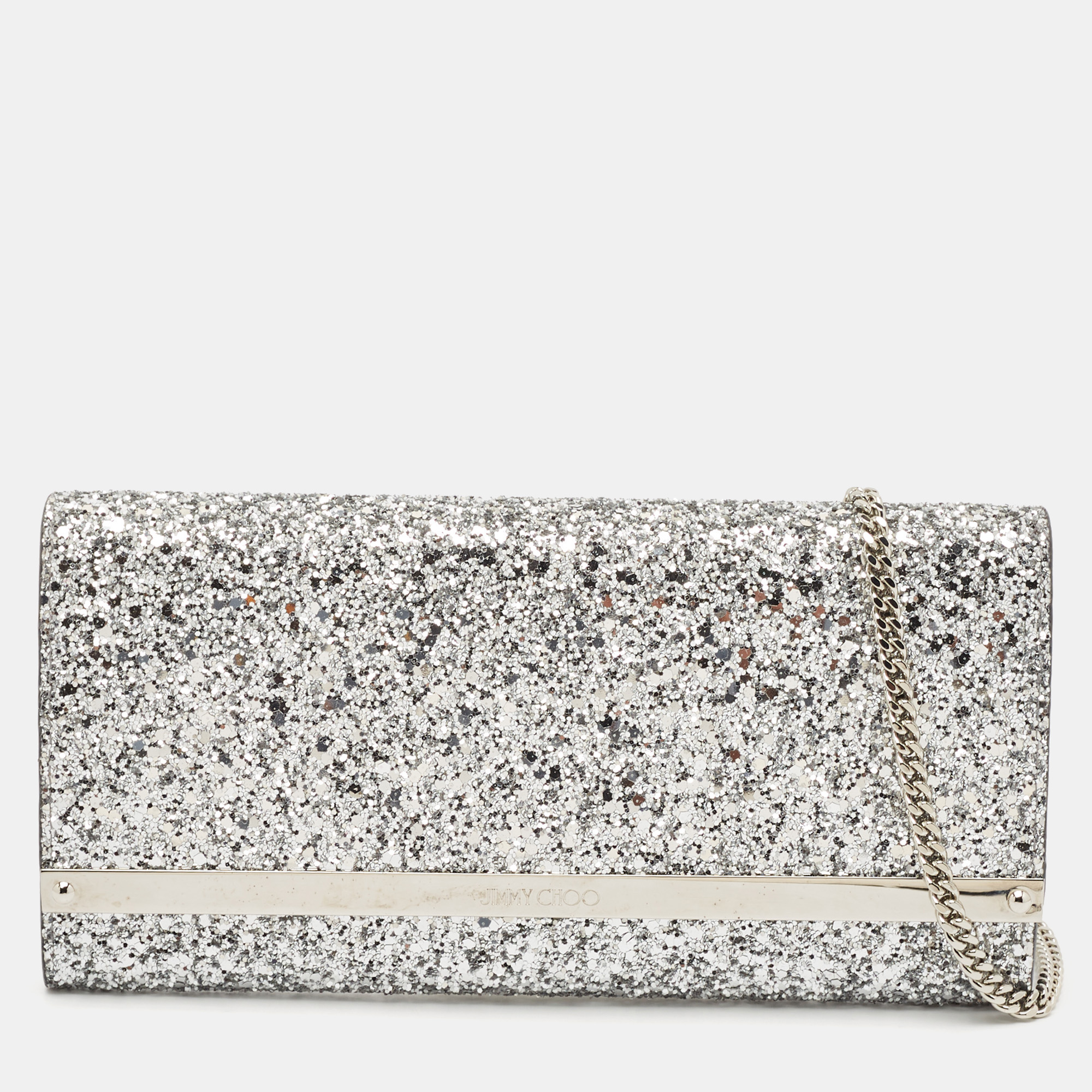 

Jimmy Choo Silver Glitter Milla Chain Clutch