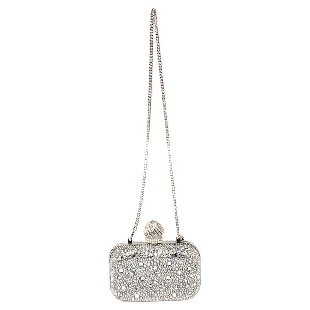 Pre-owned Jimmy Choo Silver Suede Crystal Embellished Dome Clasp Mini Cloud Clutch