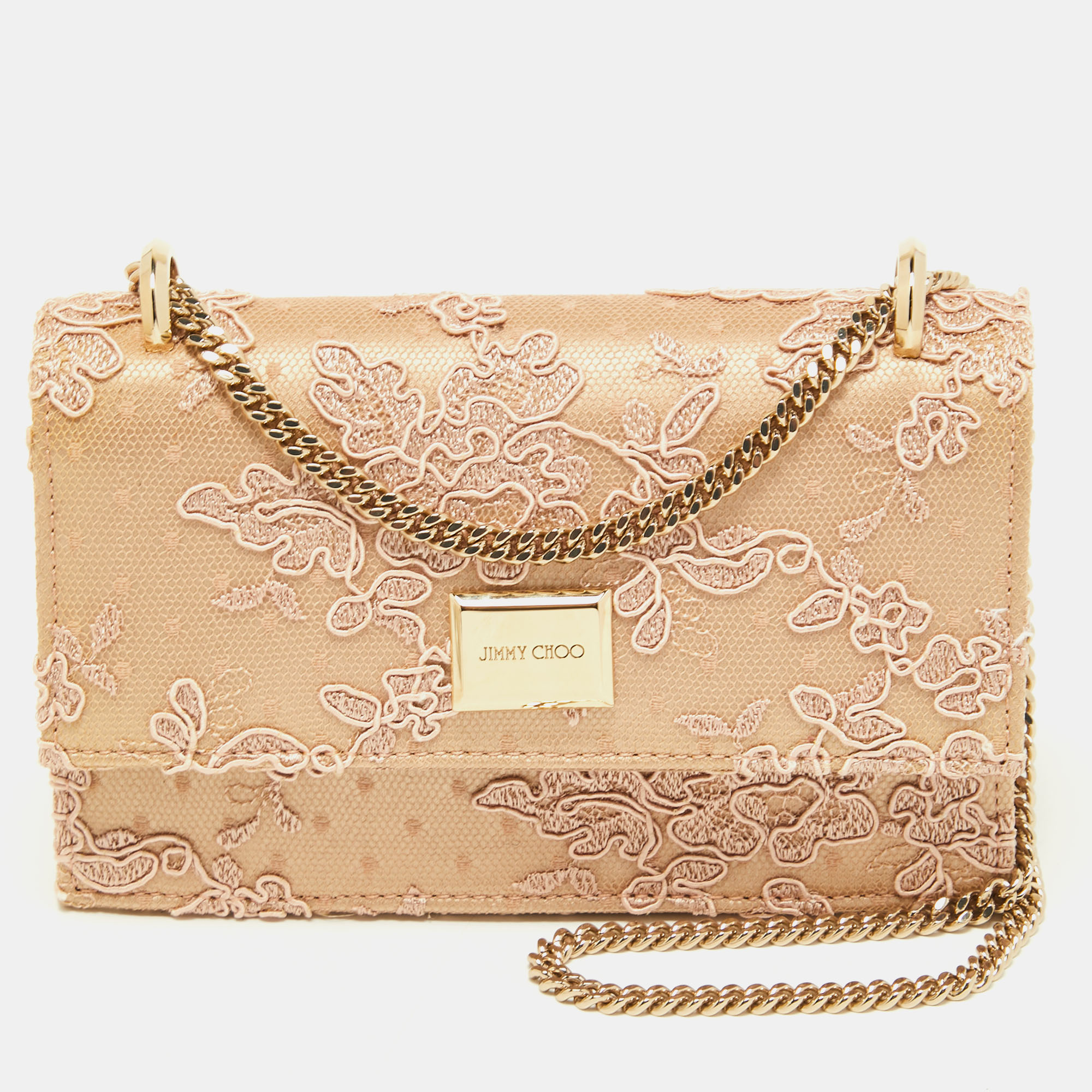 Pre Owned Jimmy Choo Beige Floral Lace Lizzie Chain Shoulder Bag