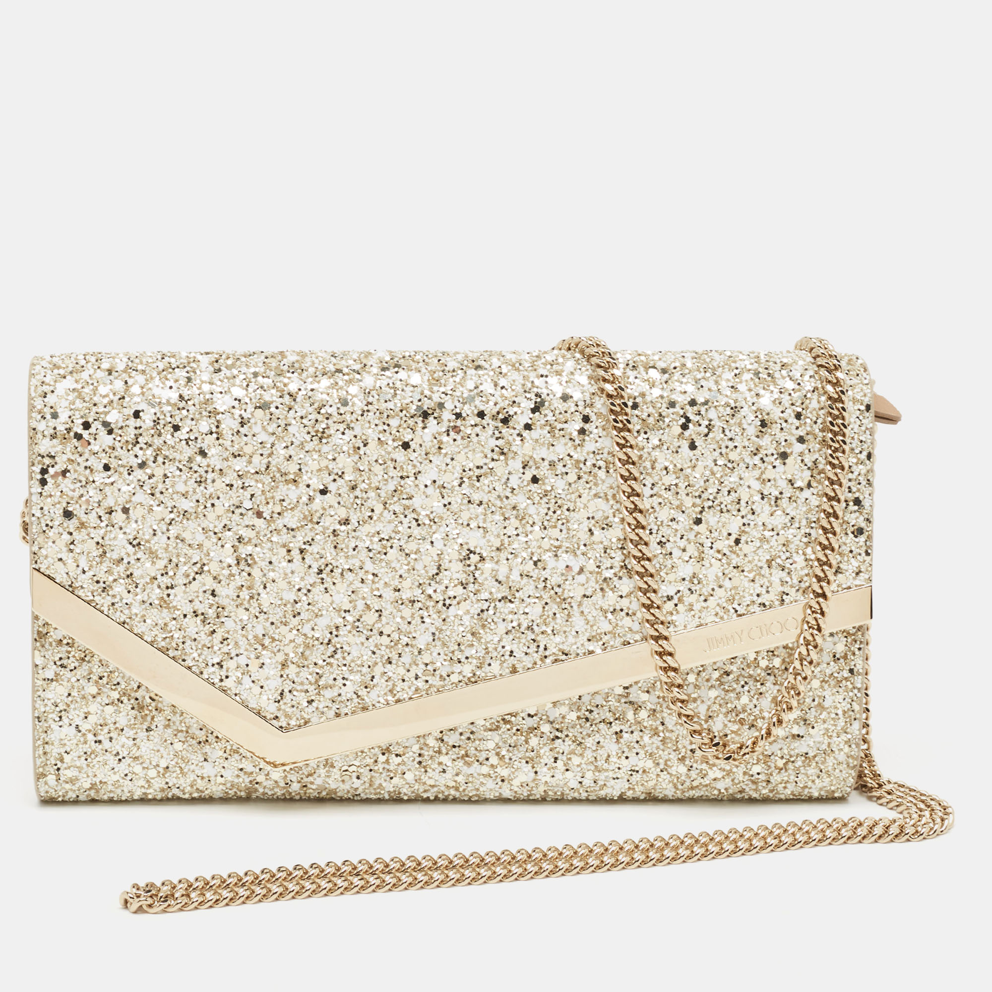 Pre Owned Jimmy Choo Gold Coarse Glitter Emmie Clutch