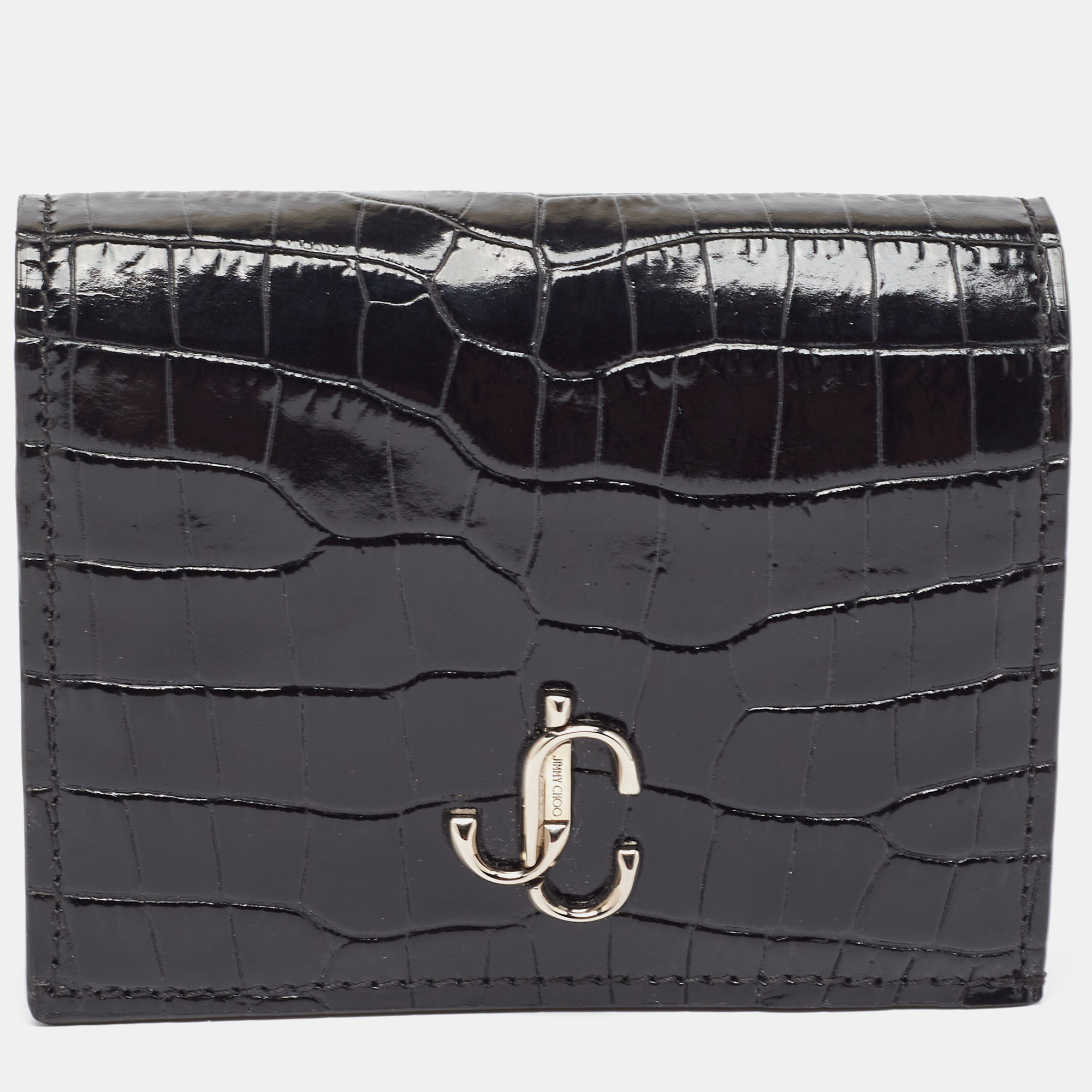 Pre-owned Jimmy Choo Black Croc Embossed Glossy Leather Hanne Flap Wallet