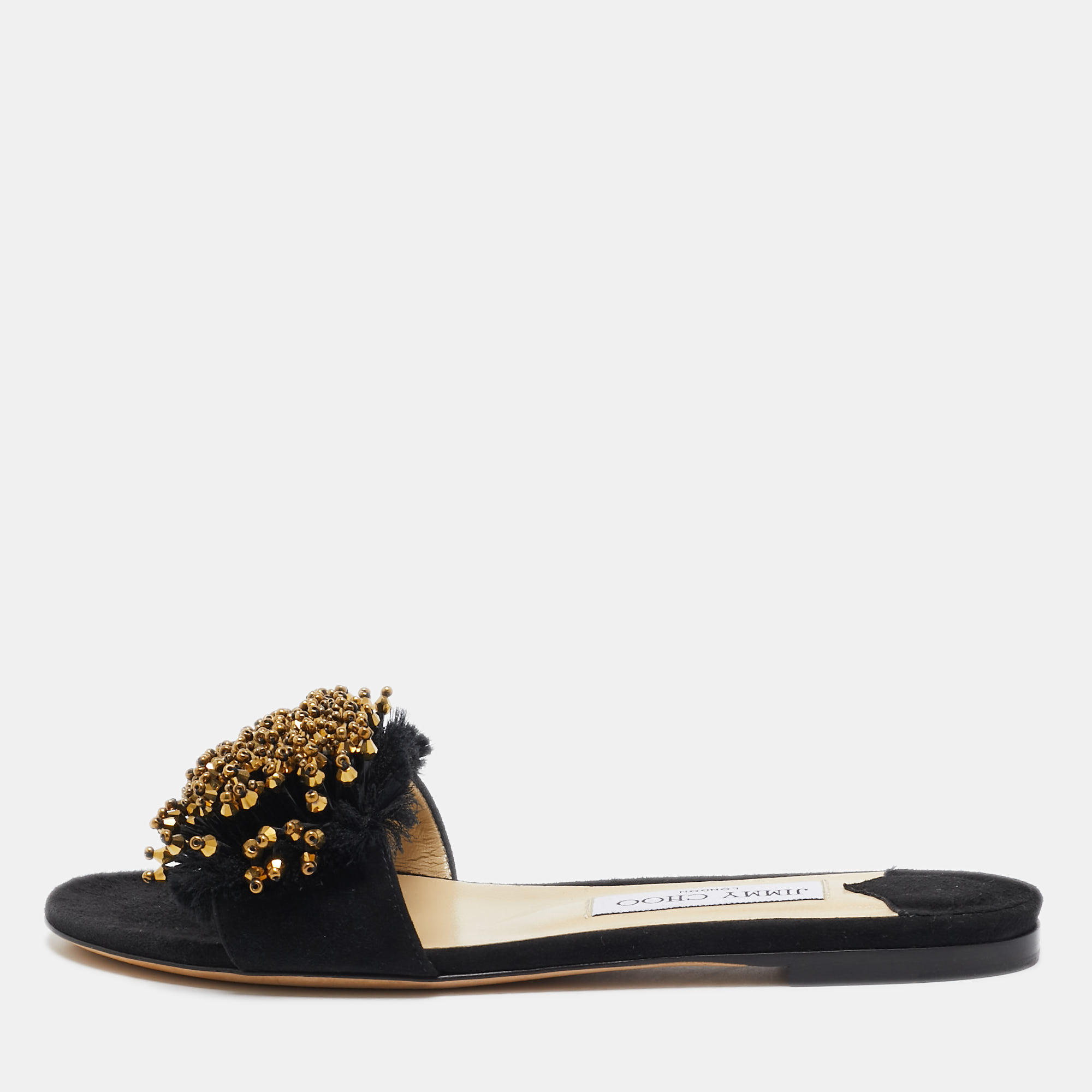 

Jimmy Choo Black Suede Embellished Waida Flat Slides Size