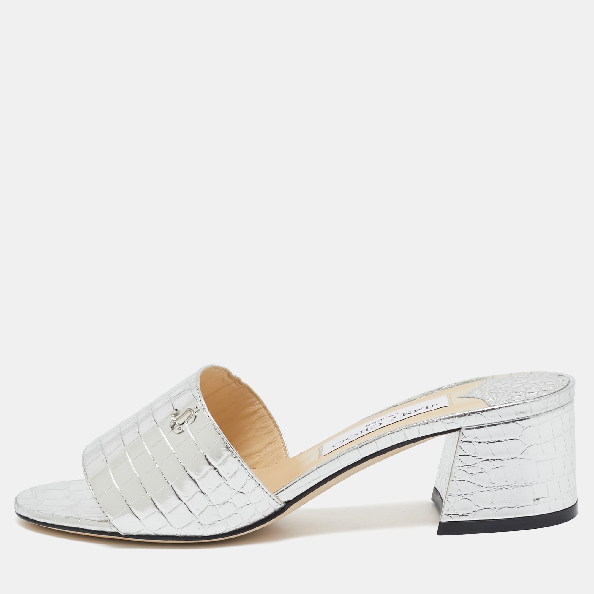 

Jimmy Choo Silver Croc Embossed Leather Minea Slide Sandals Size