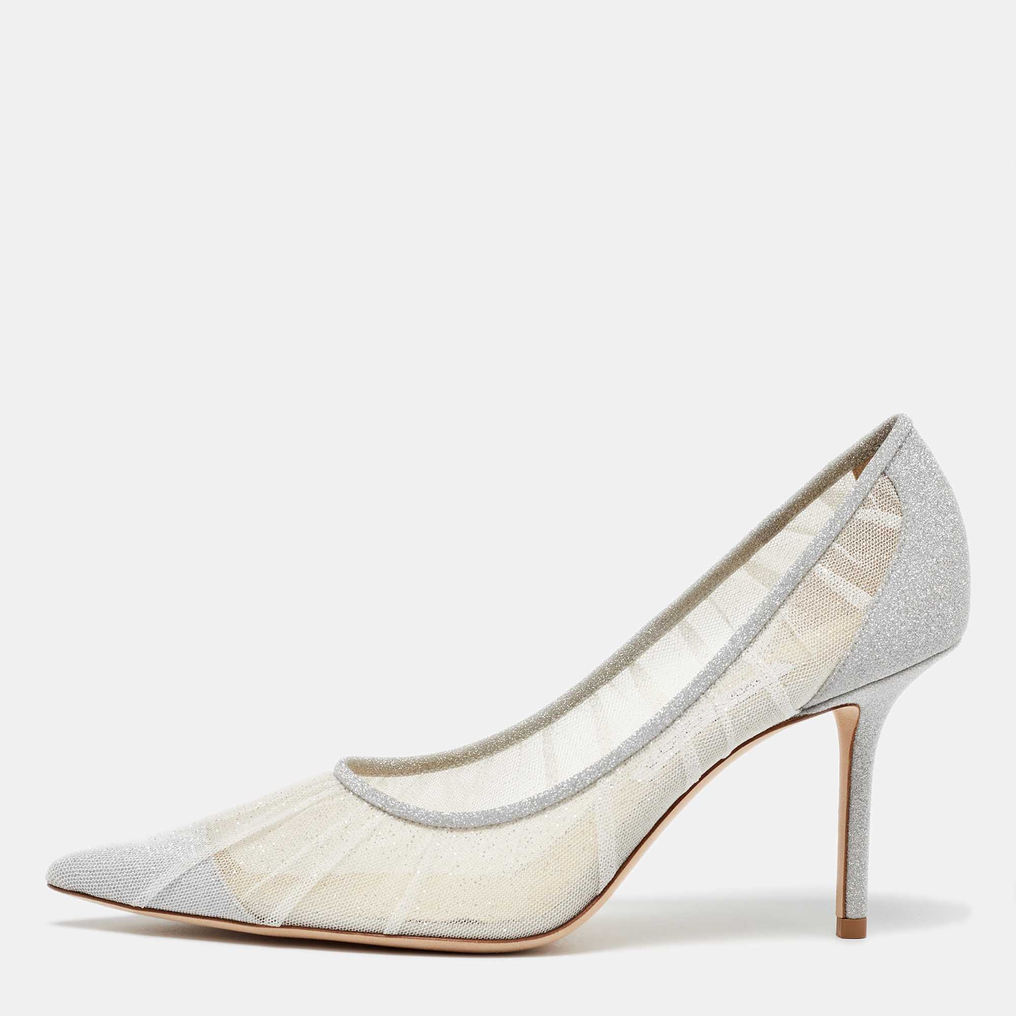 

Jimmy Choo White/Silver Glitter Tulle Love Pumps Size