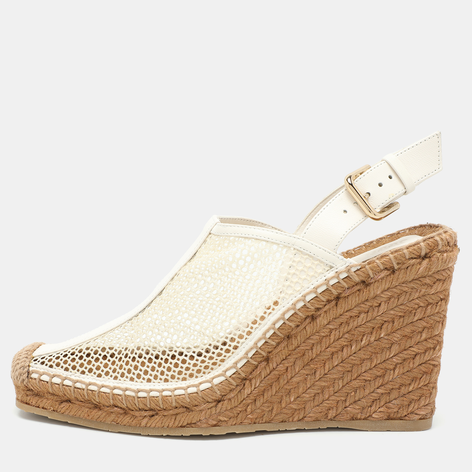 

Jimmy Choo Off White Mesh and Leather Dakori Wedge Espadrille Sandals Size