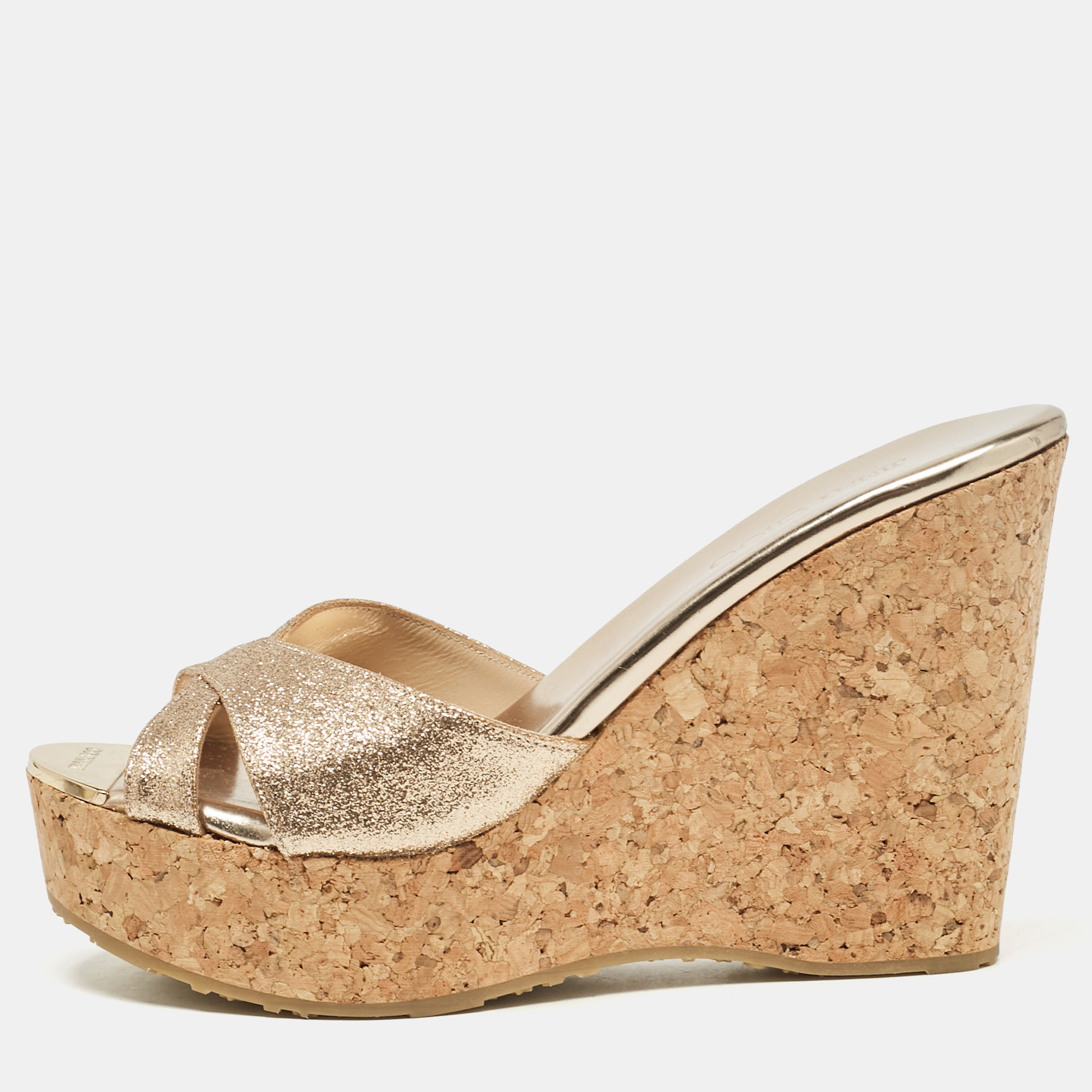 

Jimmy Choo Gold Glitter Perfume Cork Wedge Sandals Size