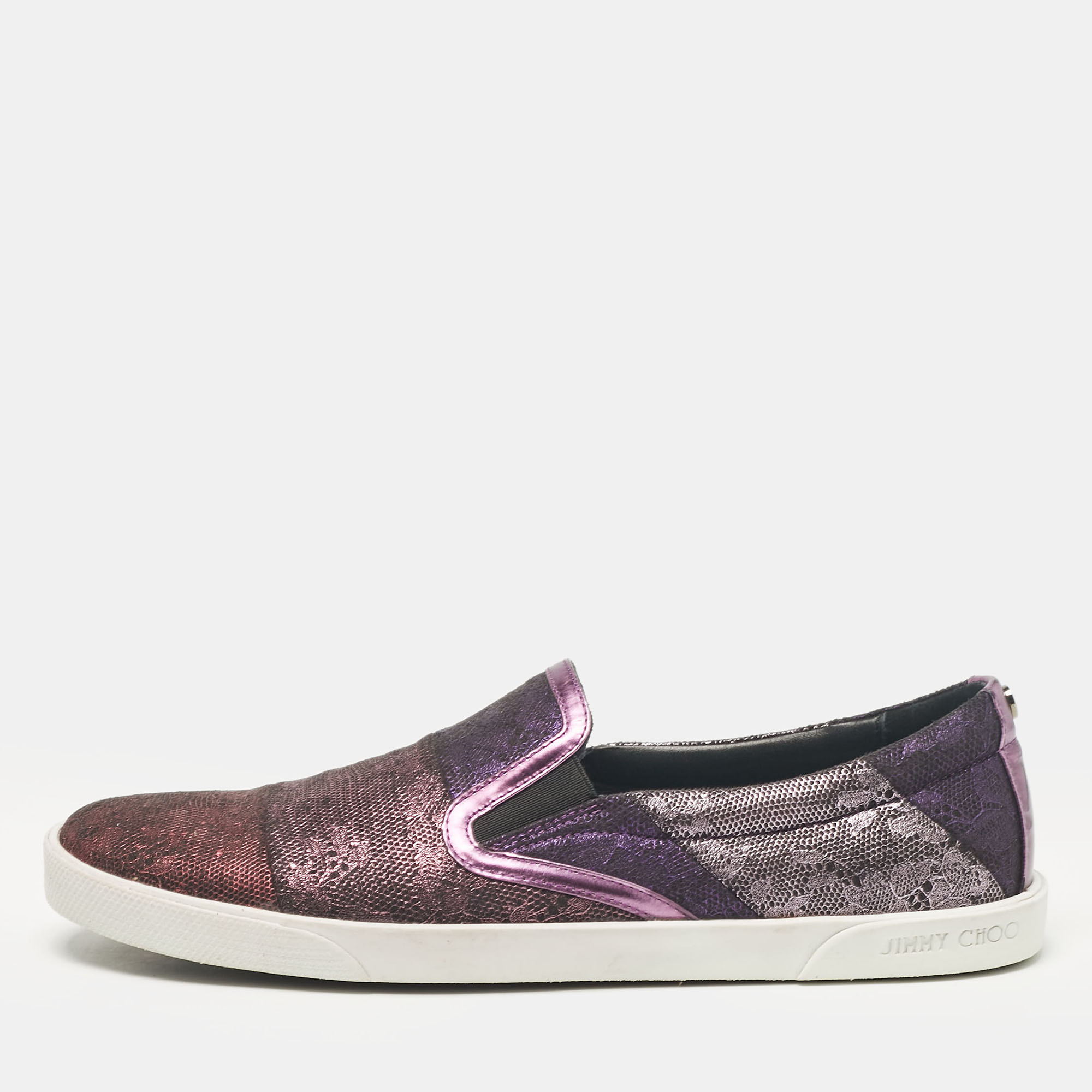 

Jimmy Choo Purple/Black Lace and Leather Demi Slip On Sneakers Size