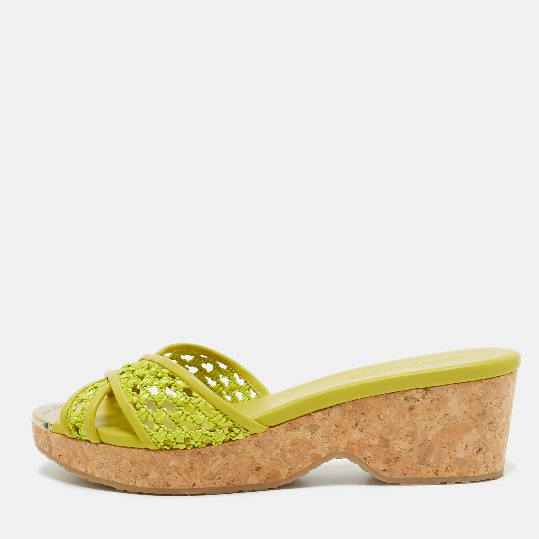 

Jimmy Choo Green Leather and Raffia Panna Cork Slides Size