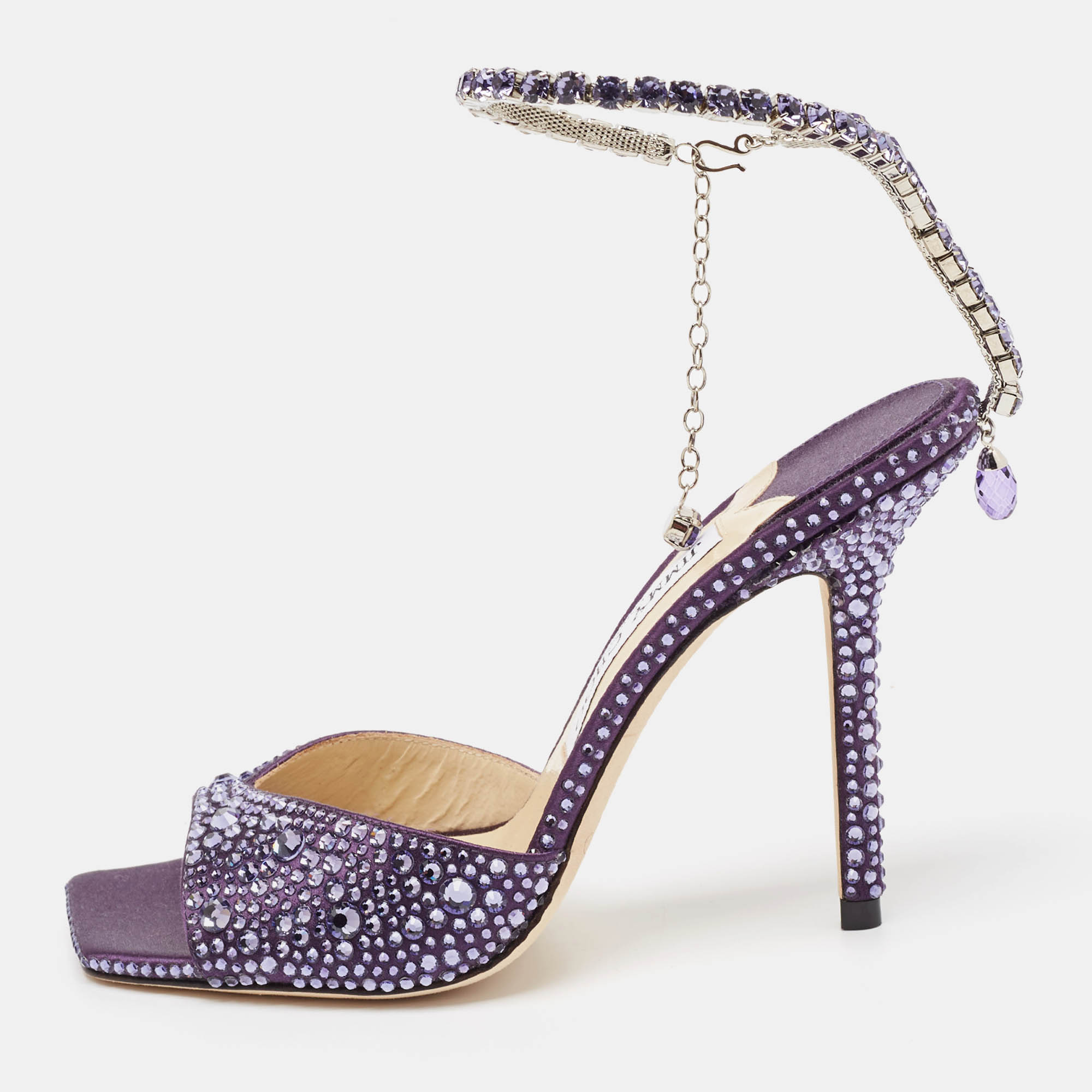 

Jimmy Choo Purple Satin Crystal Embellished Saeda Sandals Size