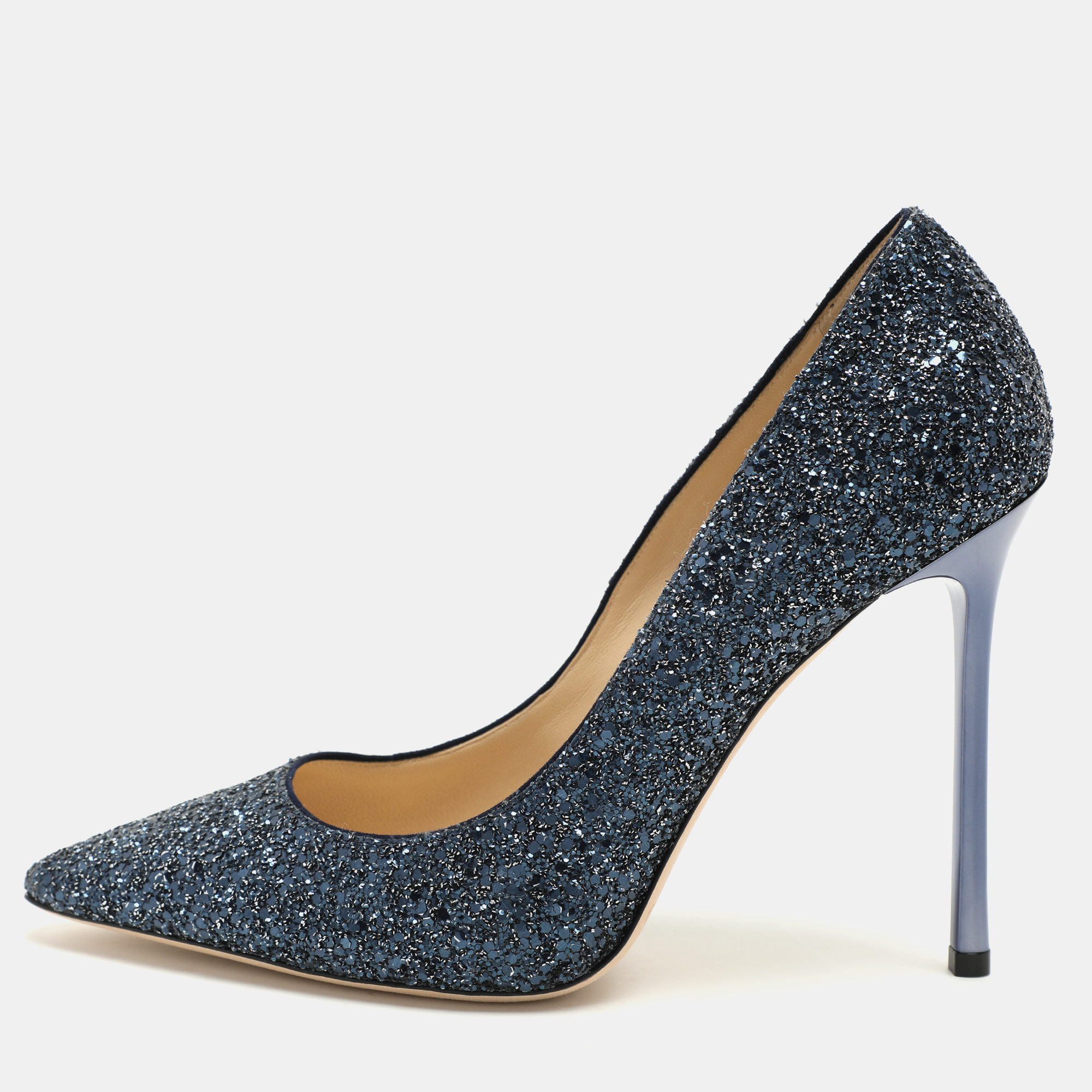 

Jimmy Choo Blue Glitter Romy Pumps Size