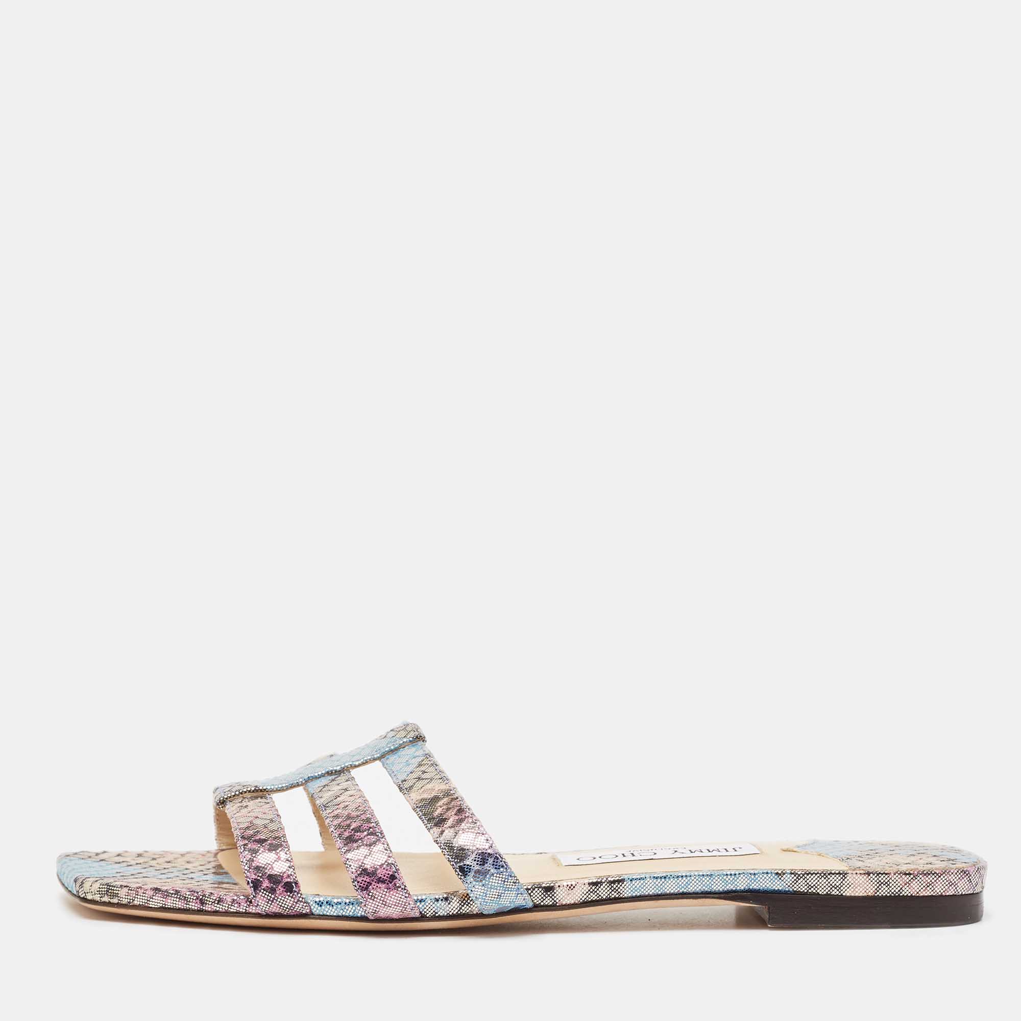 

Jimmy Choo Multicolor Snakeskin Embossed Leather Flat Slides Size