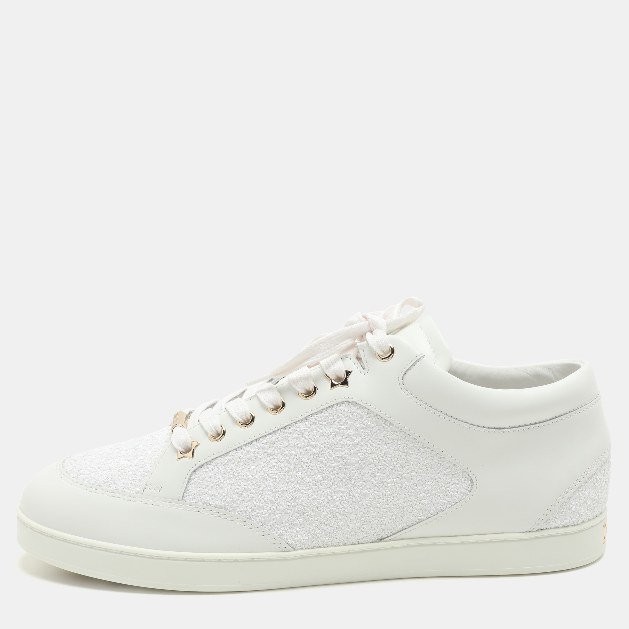 

Jimmy Choo White Glitter and Leather Miami Low Top Sneakers Size