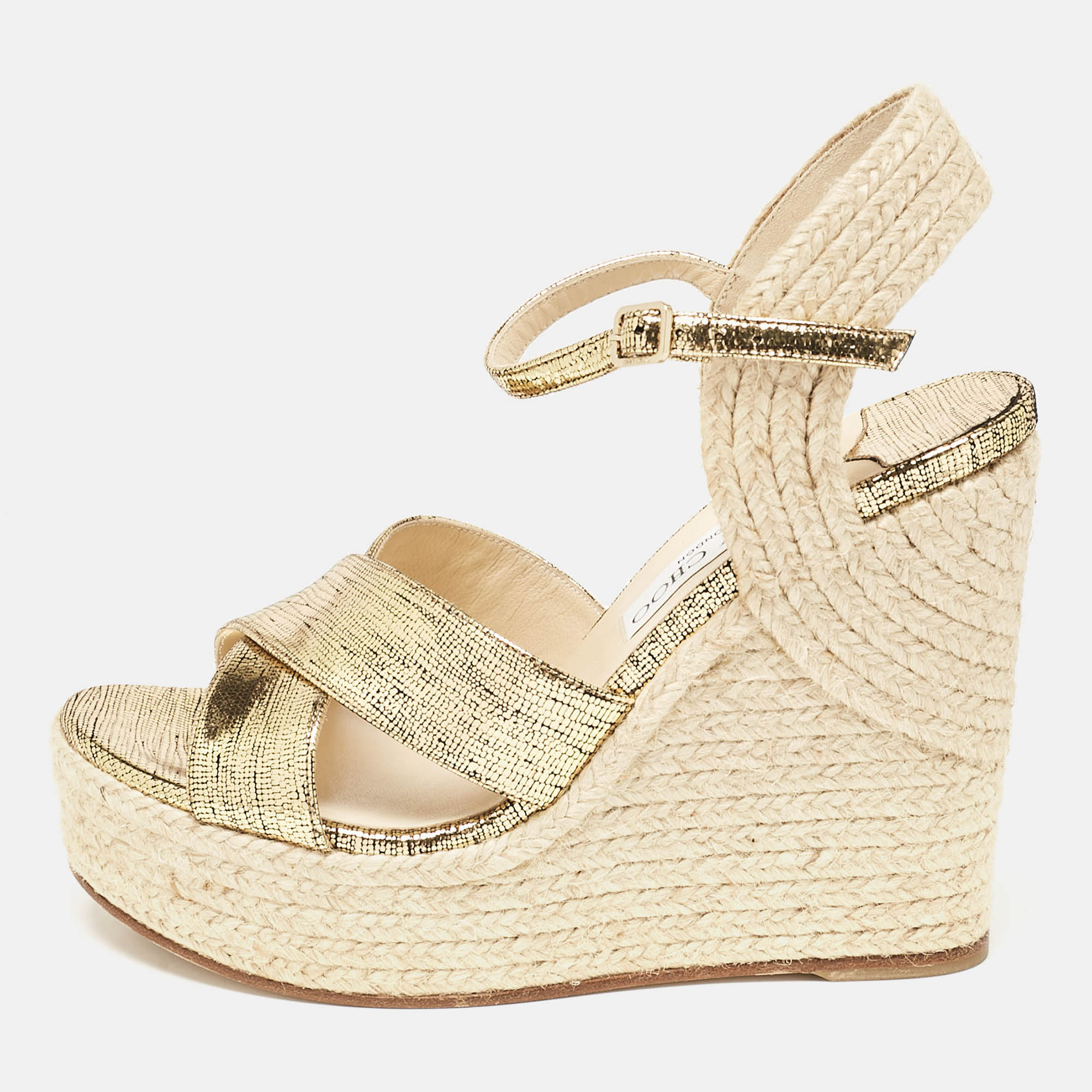 

Jimmy Choo Gold Lizard Embossed Leather Dellena Wedge Sandals Size