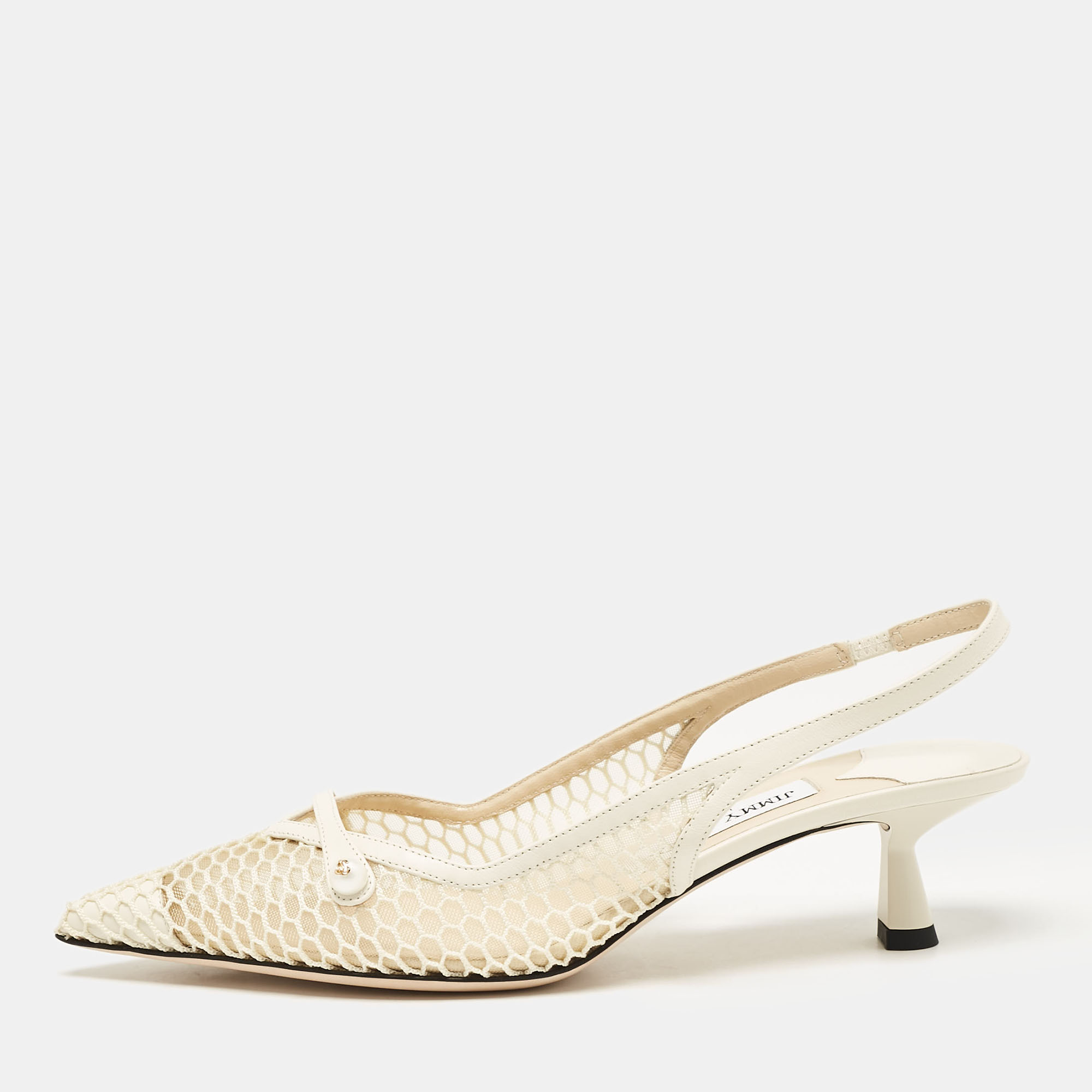 

Jimmy Choo White Leather and Mesh Amita Slingback Pumps Size