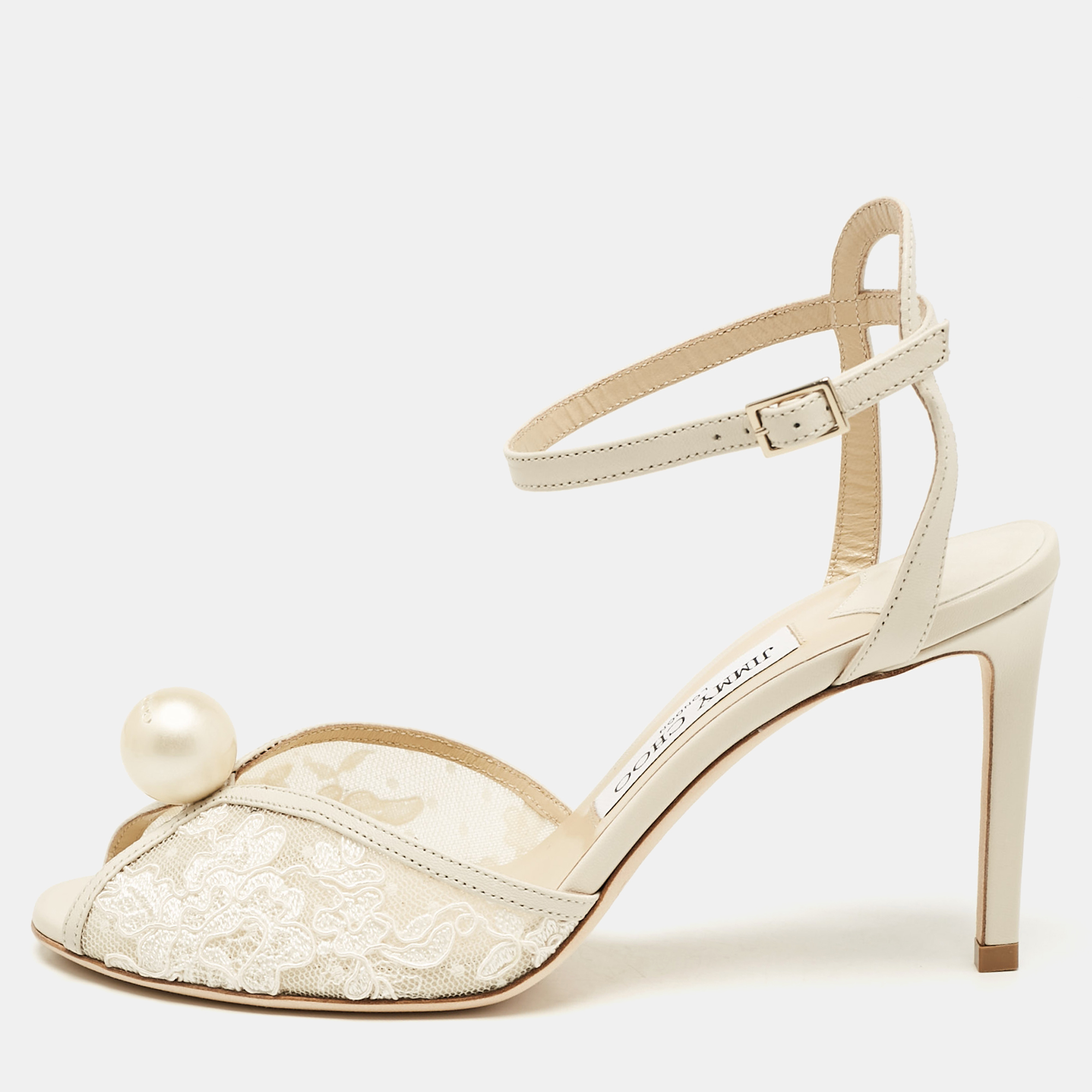 

Jimmy Choo Off White Leather and Lace Sacora Sandals Size