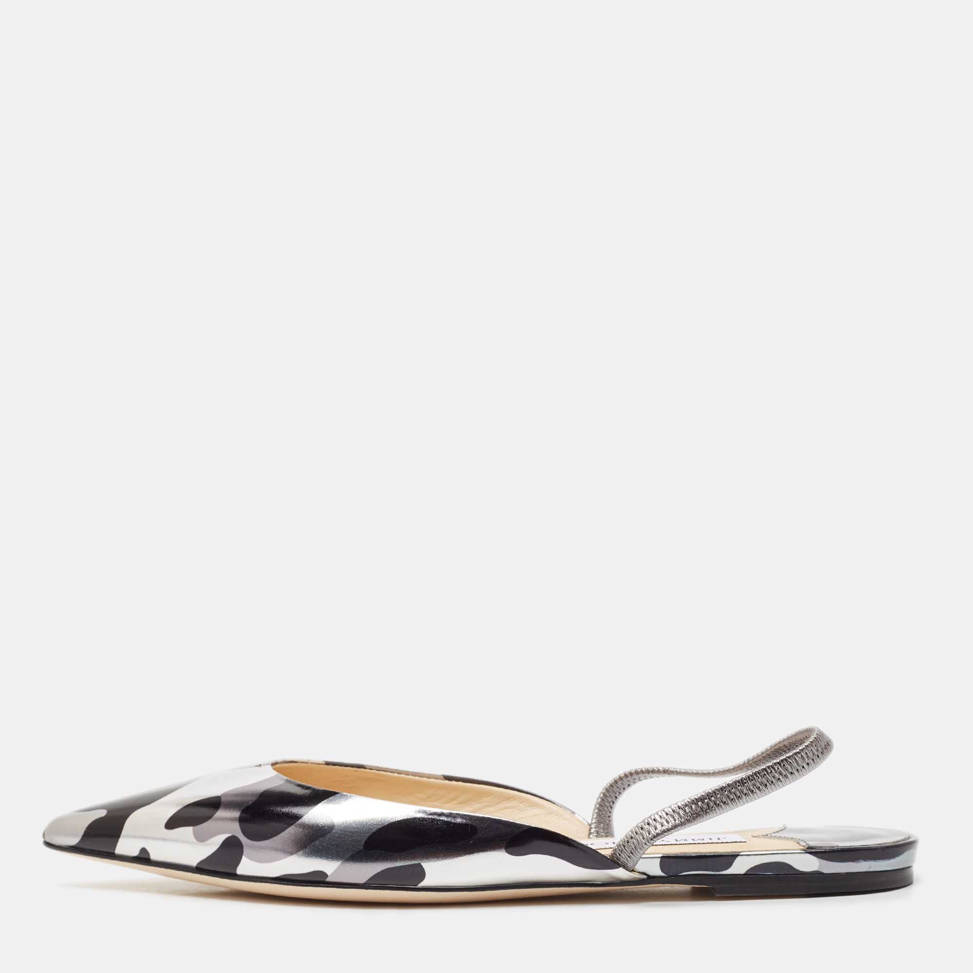 

Jimmy Choo Silver/Black Leather Slingback Flats Size