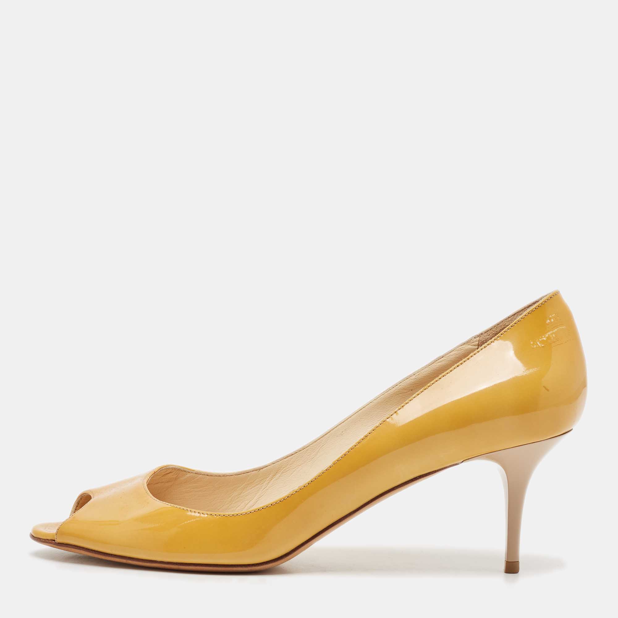 

Jimmy Choo Yellow Patent Leather Evelyn Peep Toe Pumps Size