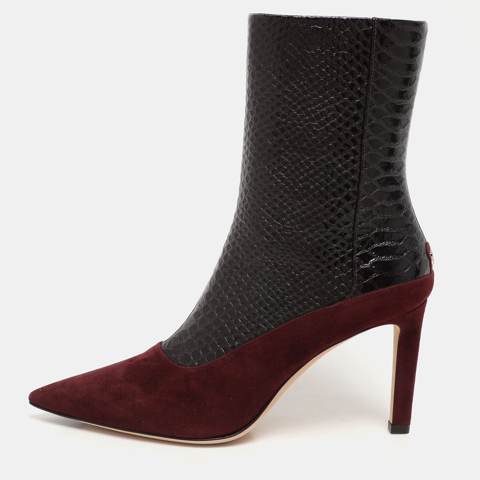 

Jimmy Choo Burgundy Python Embossed Leather and Suede Mavie Ankle Boots Size