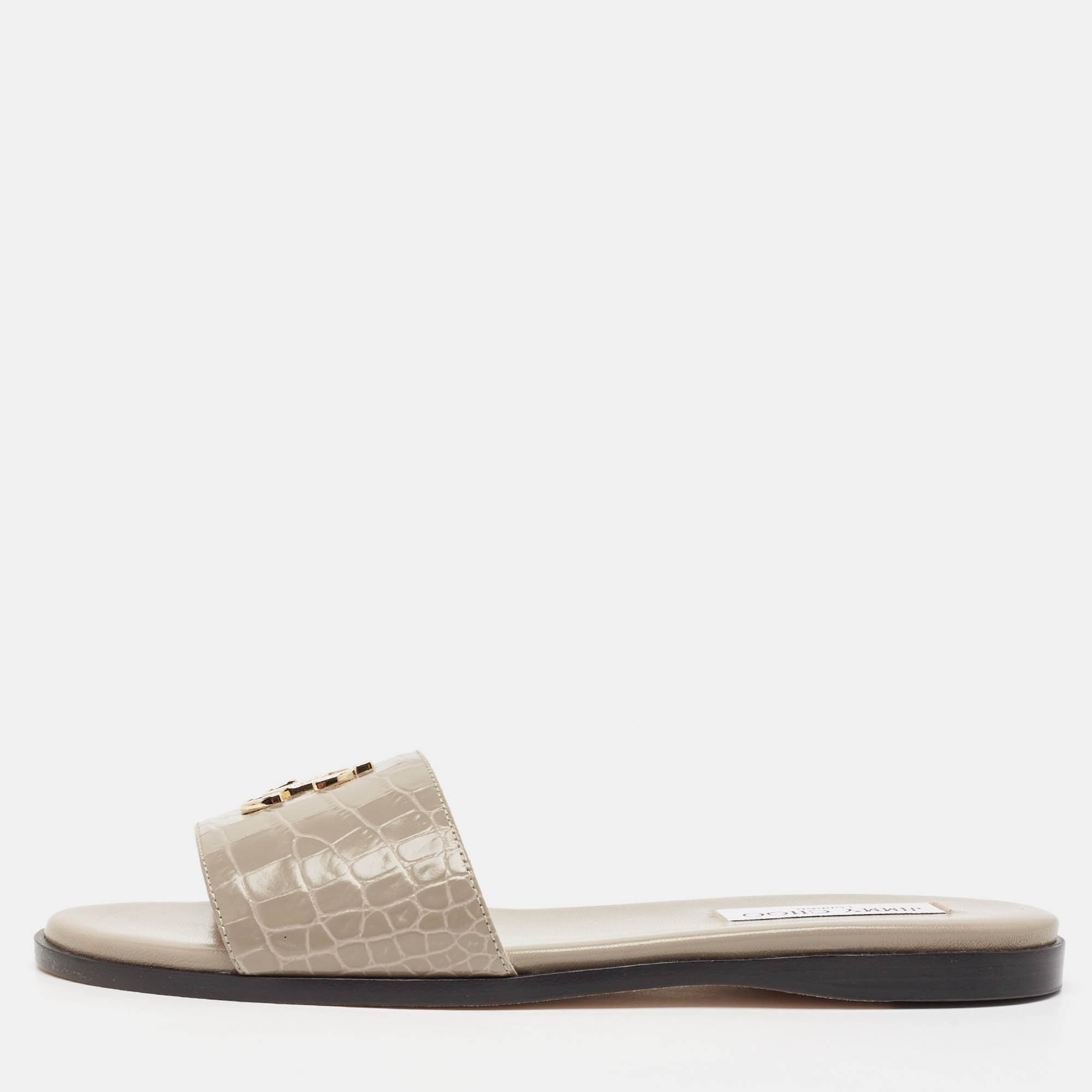 

Jimmy Choo Grey Cro Embossed Leather JC Flat Slides Size