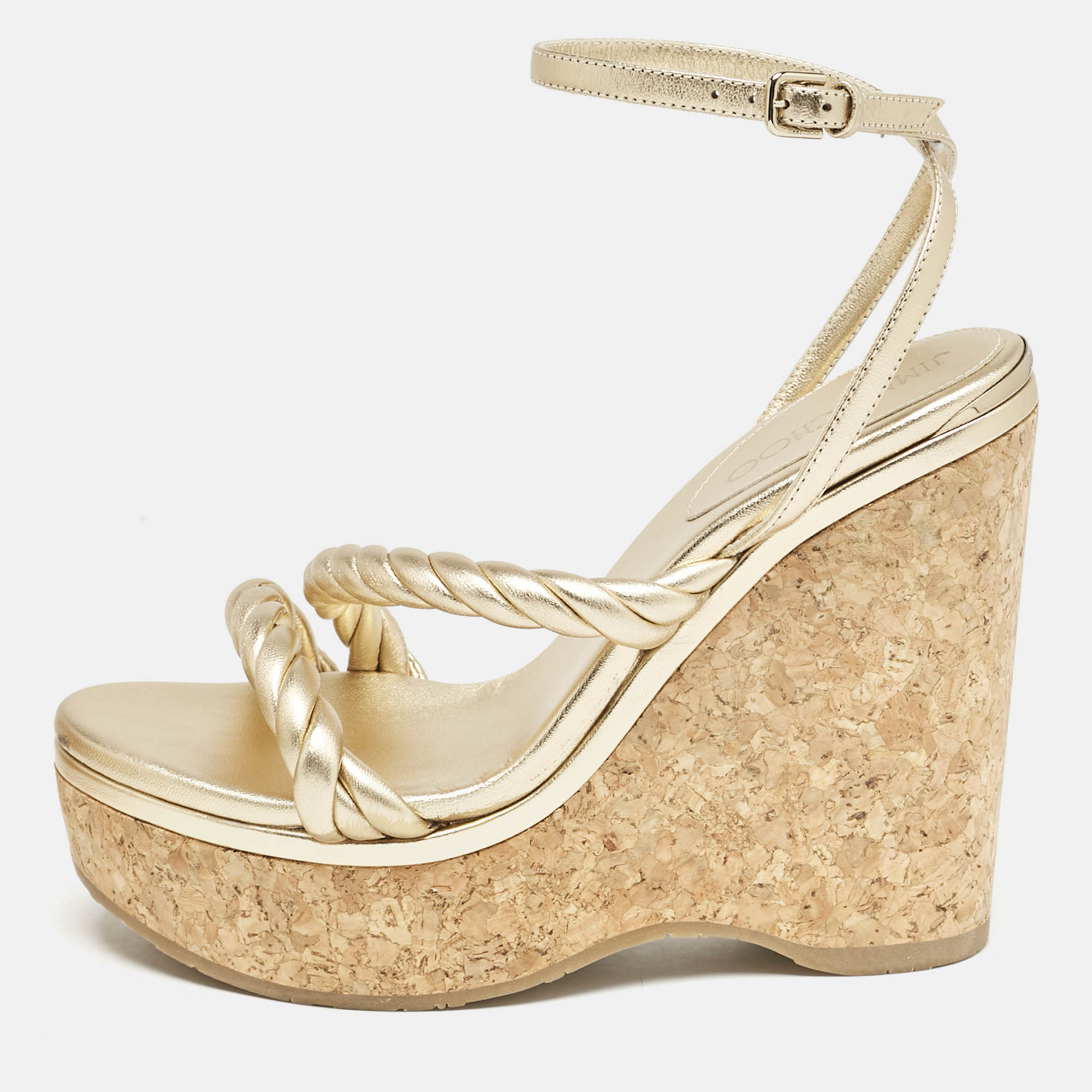 

Jimmy Choo Gold Leather Diosa Wedge Sandals Size, White