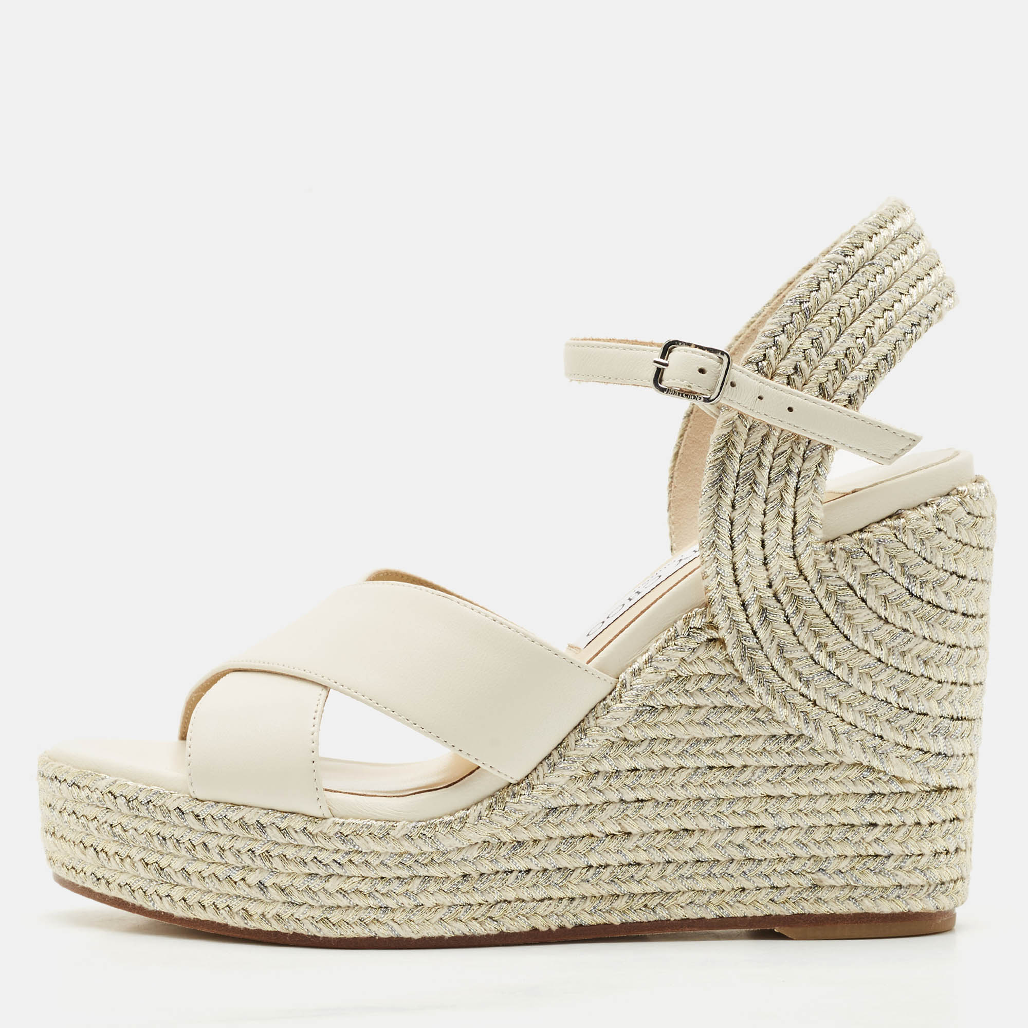 

Jimmy Choo White/Gold Leather Dellena Wedge Sandals Size
