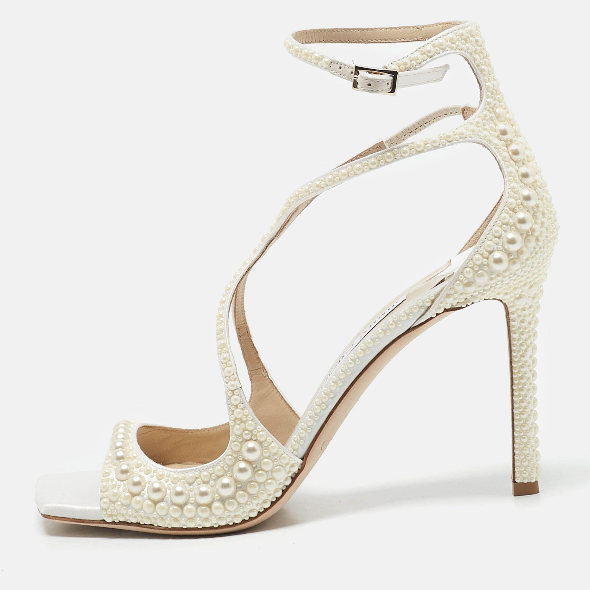 

Jimmy Choo White Stain Pearl Embellished Azia Sandals Size