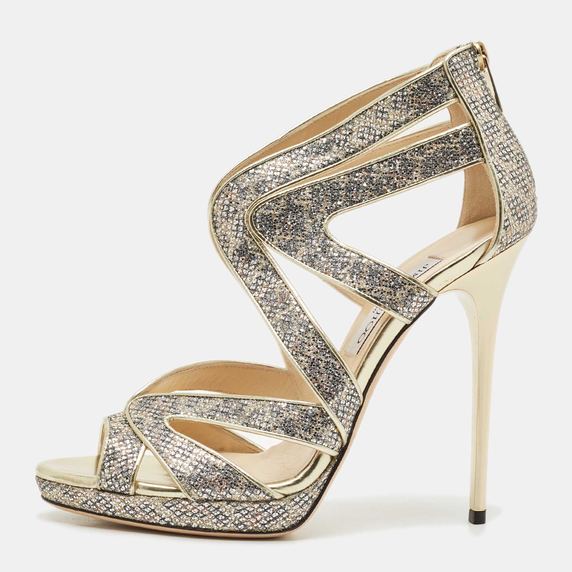 

Jimmy Choo Gold Glitter and Leather Karla Sandals Size, Metallic
