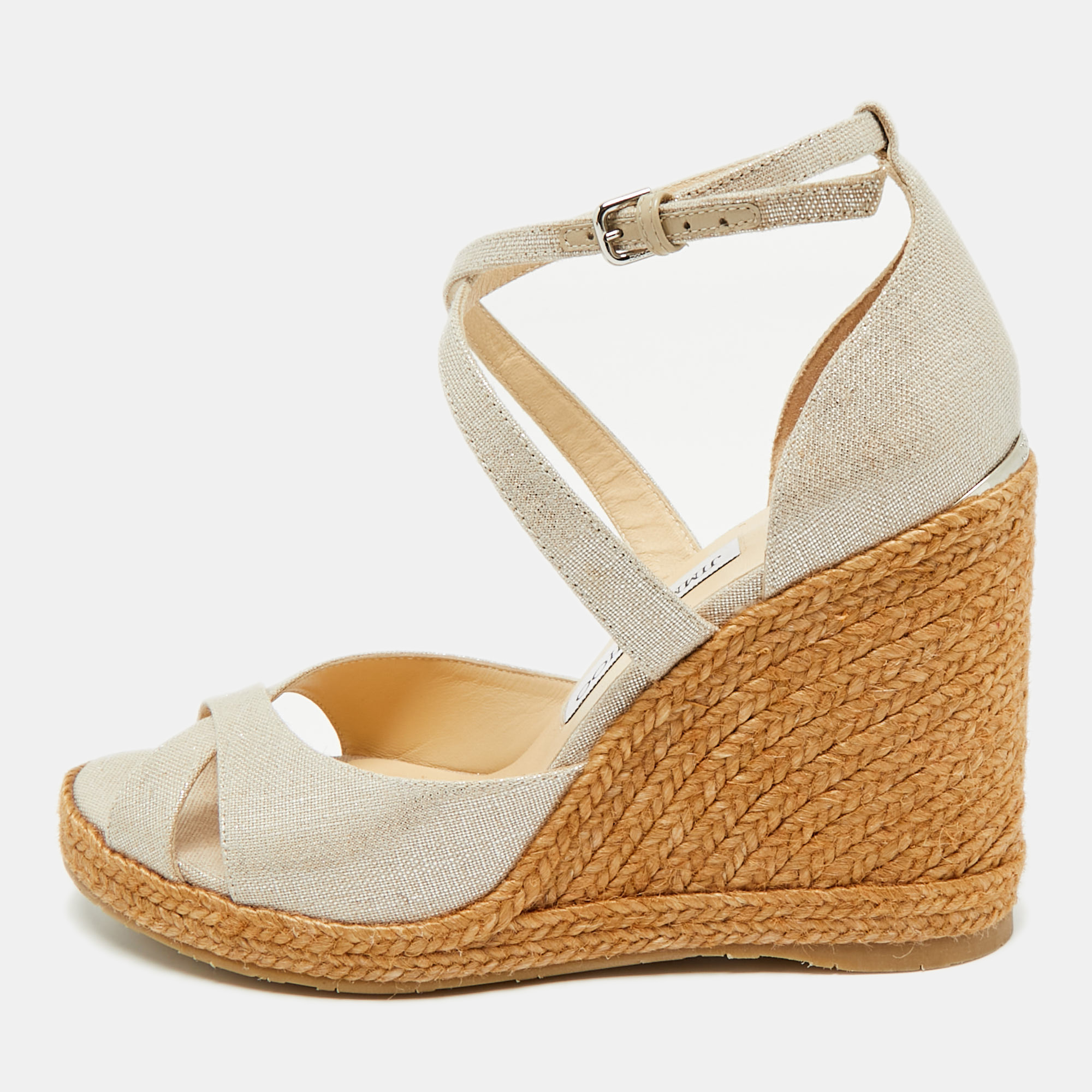 Pre-owned Jimmy Choo Beige Textured Cork Alanah Wedges Ankle Strap Sandals Size 39
