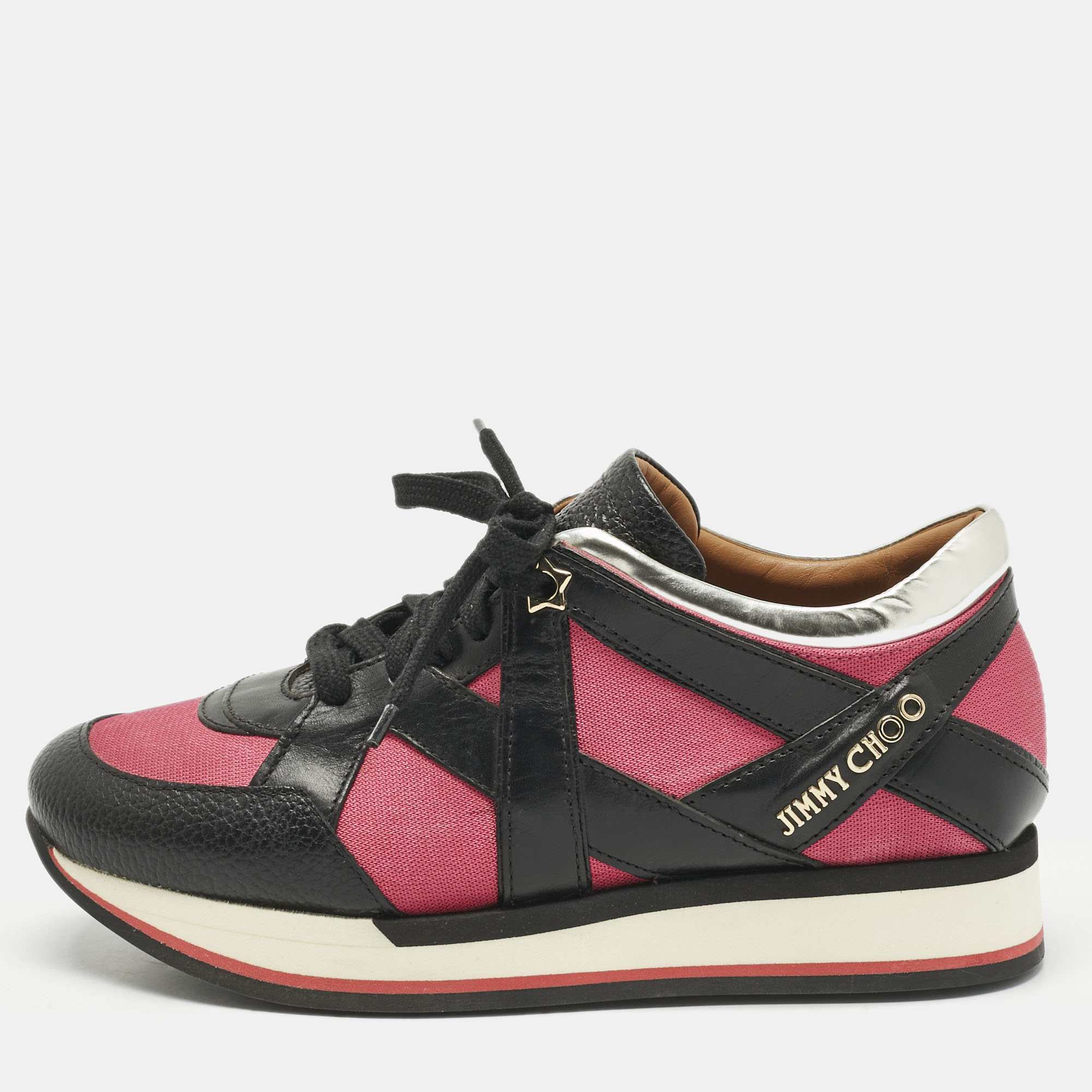 Pre-owned Jimmy Choo Tricolor Fabric And Leather Mix Trainer Lace Up Sneakers Size 36.5 In Pink
