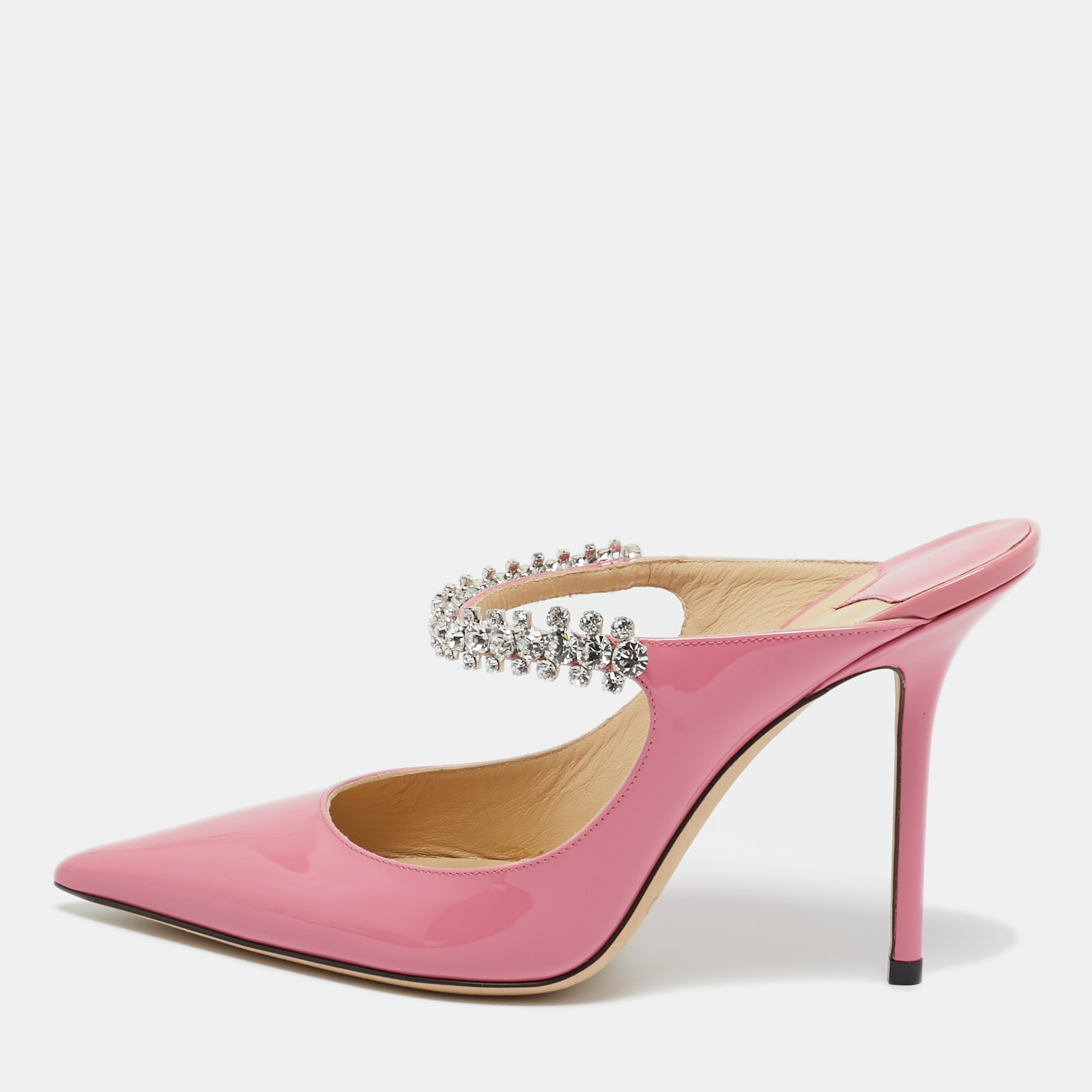 

Jimmy Choo Pink Patent Leather Bing Crystal Embellished Pointed Toe Mule Sandals Size