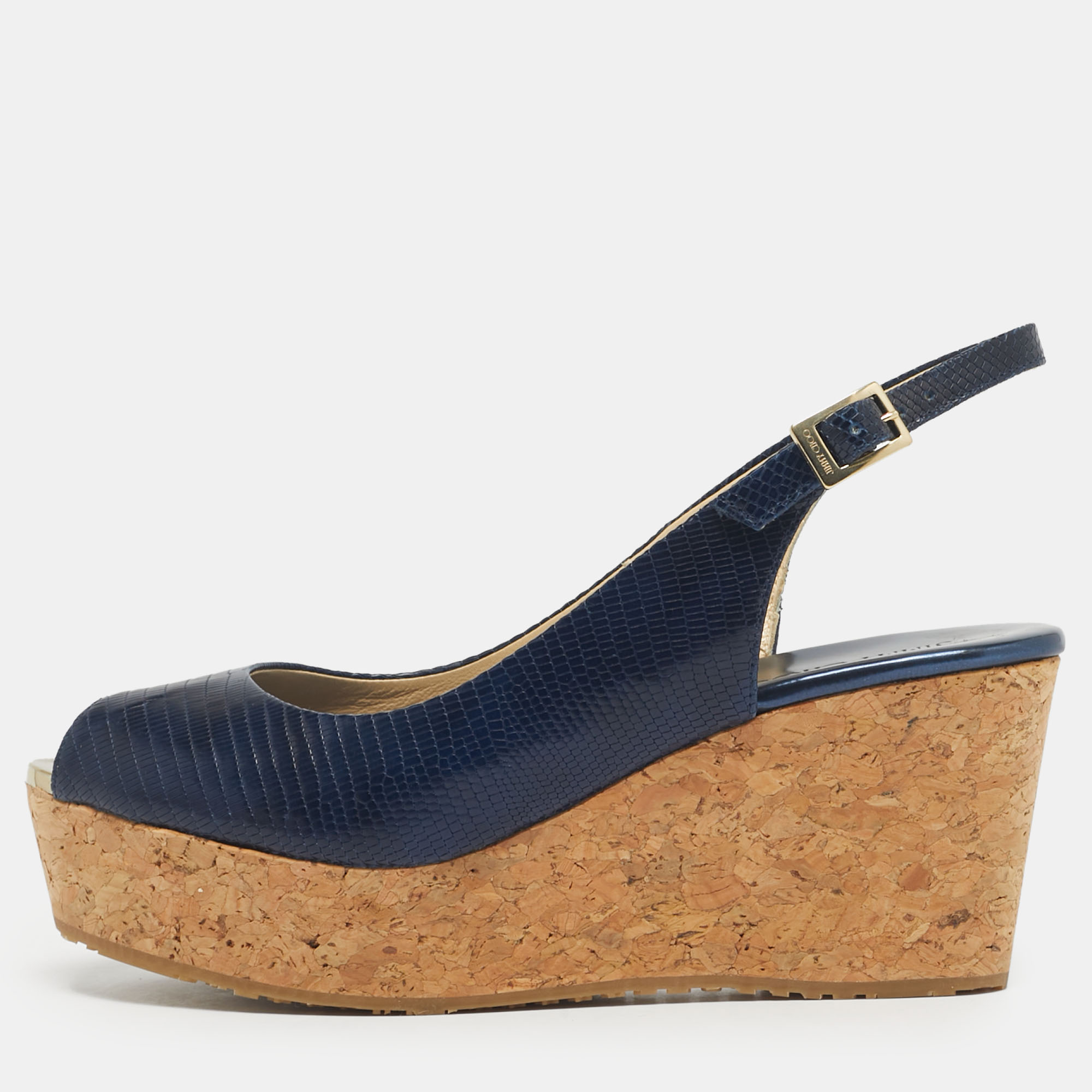 

Jimmy Choo Navy Blue Lizard Embossed Leather Praise Wedge Sandals Size