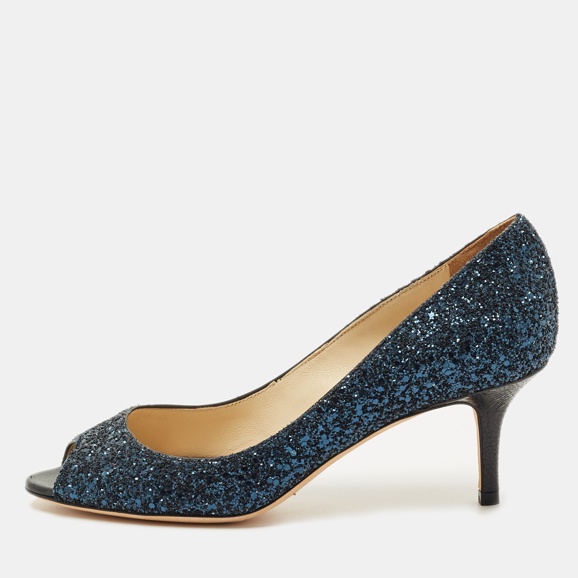 Pre-owned Jimmy Choo Navy Blue Glitter Isabel Peep Toe Pumps Size 36