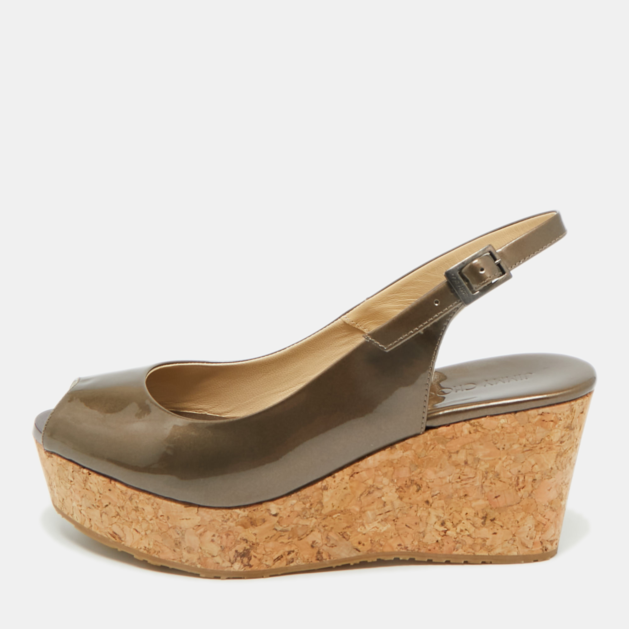 Jimmy Choo Metallic Patent Leather Prova Slingback Wedge Sandals Size 36.5