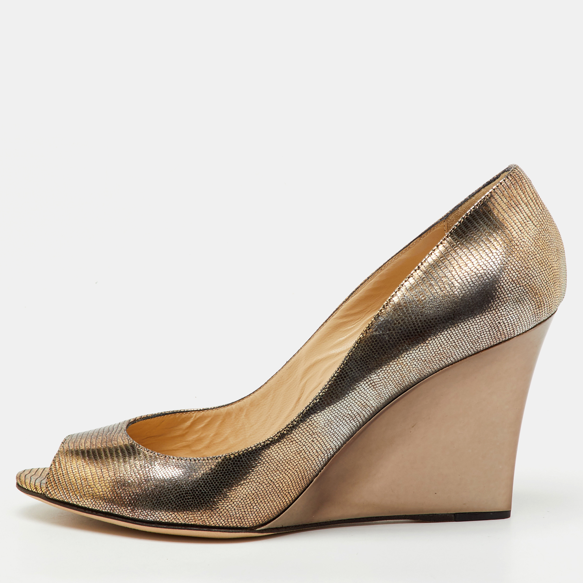 

Jimmy Choo Metallic Gold Foil Leather Baxen Peep Toe Wedge Pumps Size