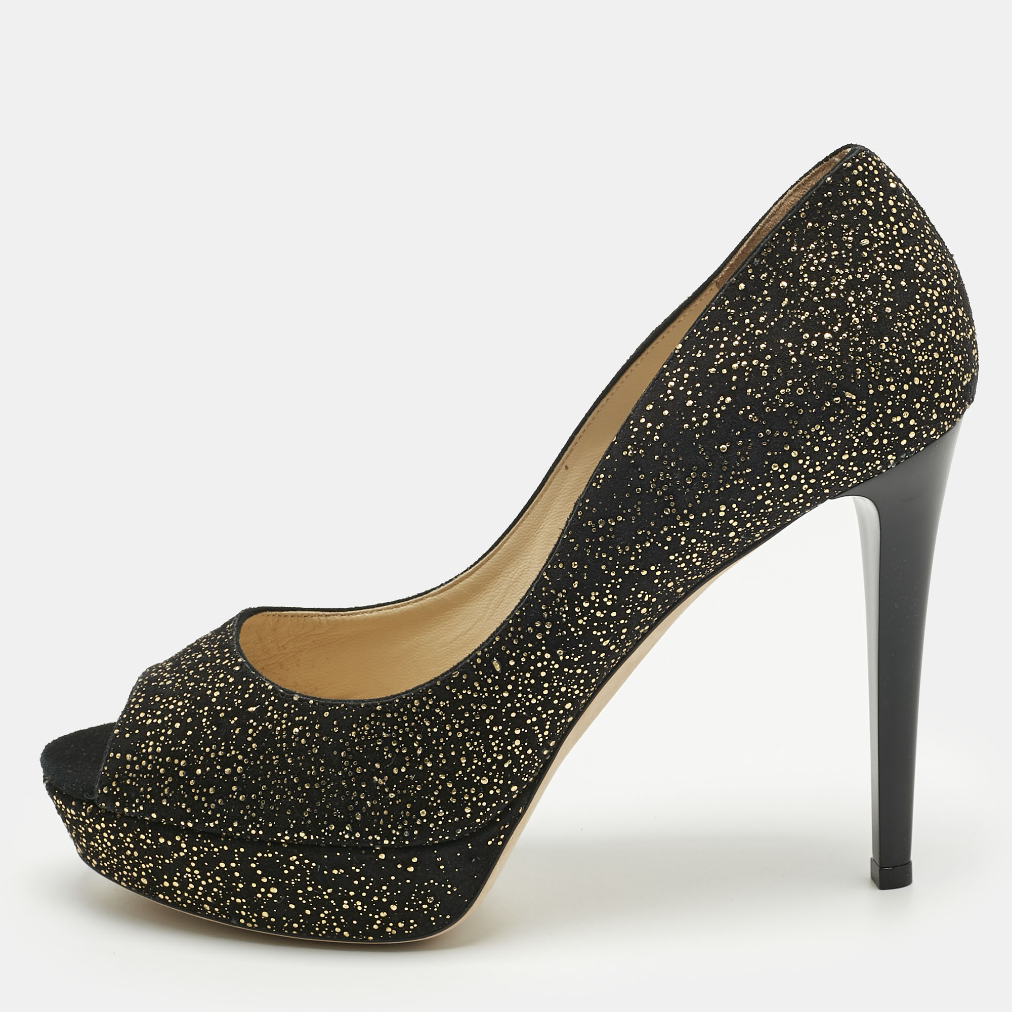 

Jimmy Choo Black/Gold Texture Suede Peep Toe Pumps Size