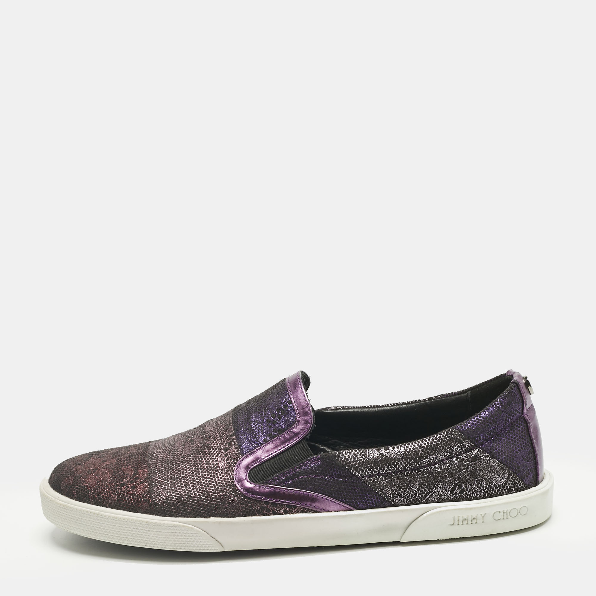 Pre-owned Jimmy Choo Metallic Purple Lace Print Suede Demi Sneakers Size 35