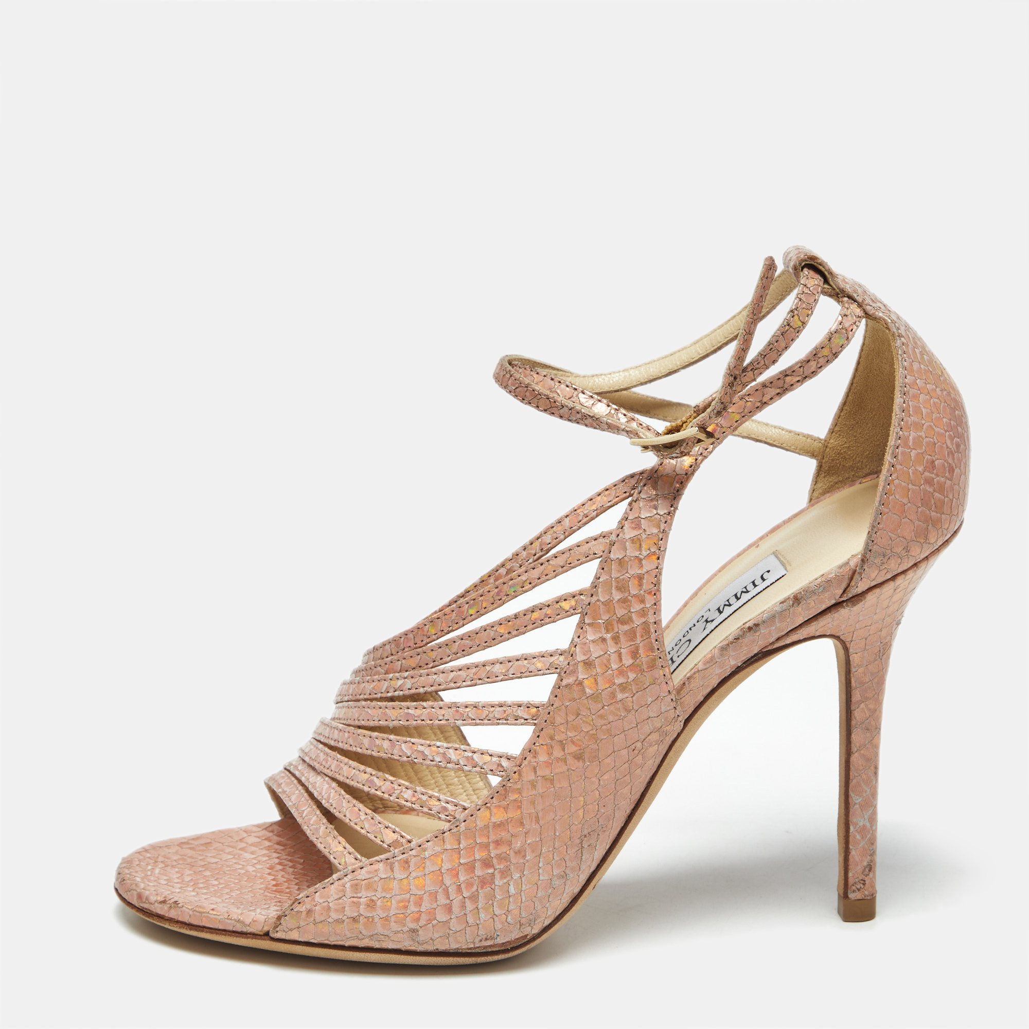 

Jimmy Choo Florry Size  Pink Snakeskin Embossed Leather Ankle Strap Sandals