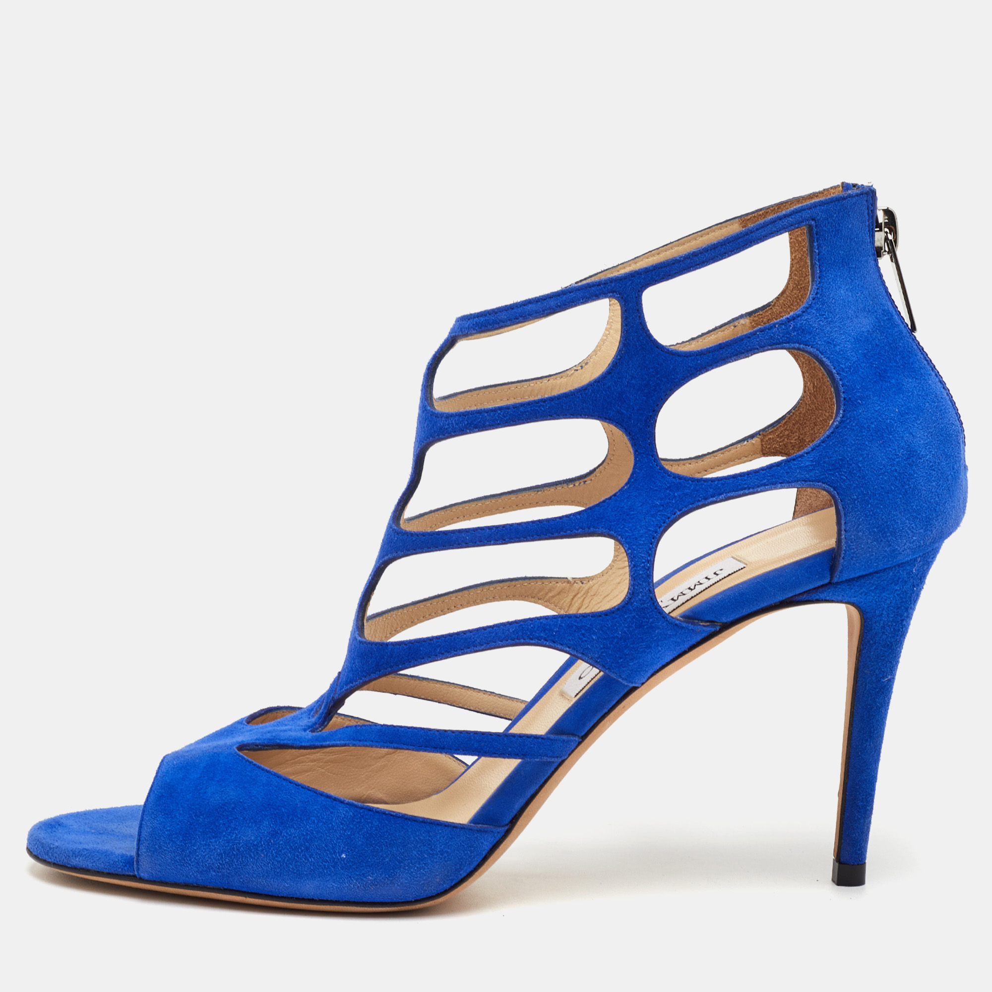 

Jimmy Choo Ren Size  Blue Suede Caged Ankle Strap Sandals