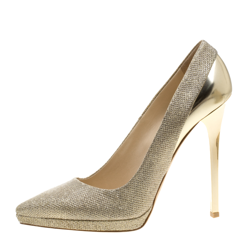 

Jimmy Choo Metallic Gold Lam÷ and Leather Aude Pointed Toe Platform Pumps Size