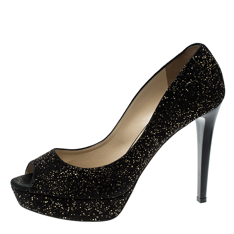 

Jimmy Choo Black Textured Suede Crown Peep Toe Platform Pumps Size