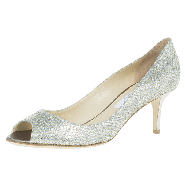 Pre Owned Jimmy Choo Silver Glitter Leather Isabel Peep Toe Pumps Size 39.5